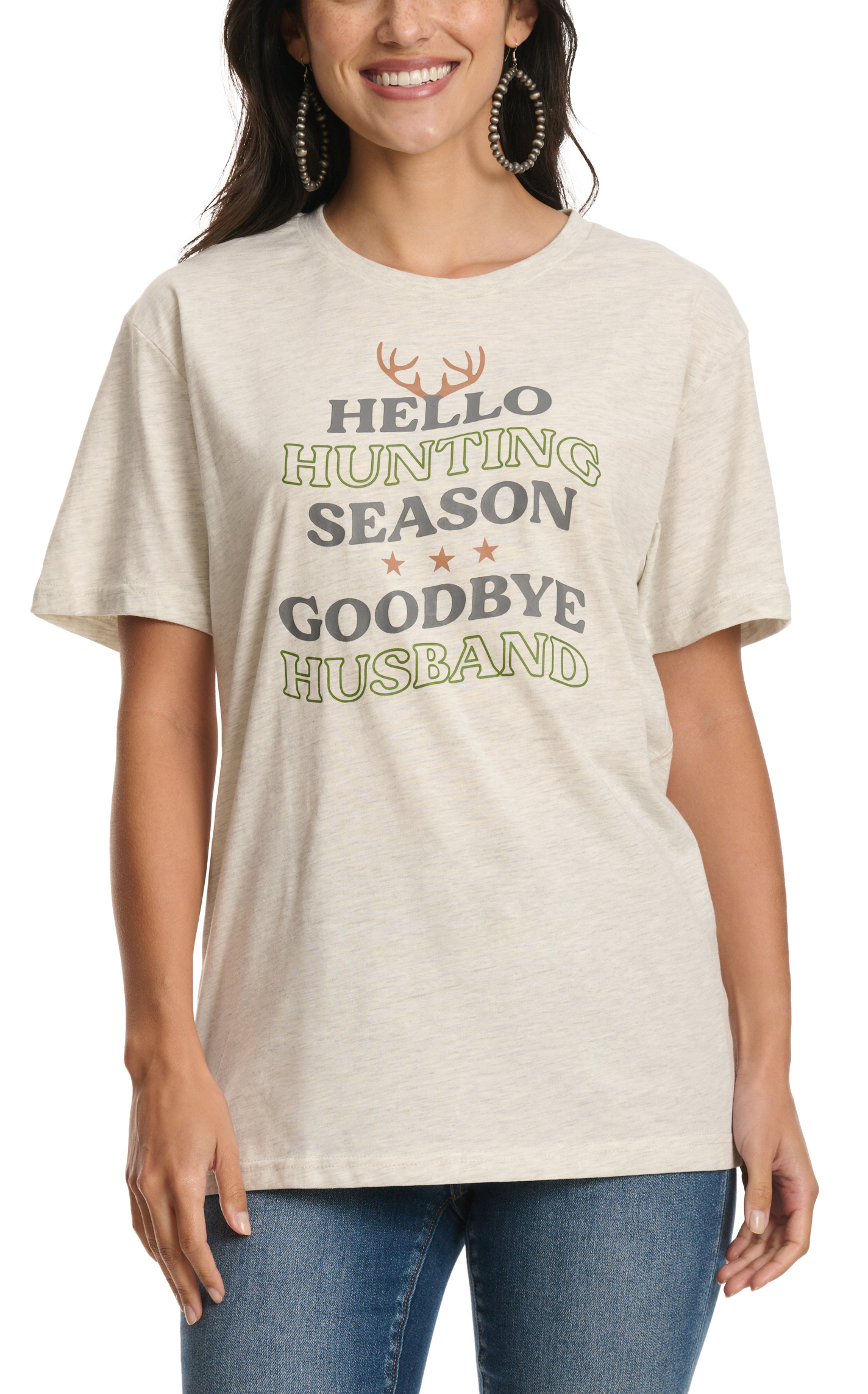 Kindness & Confetti Women's Light Gray Hello Hunting Graphic T-Shirt - Image 1