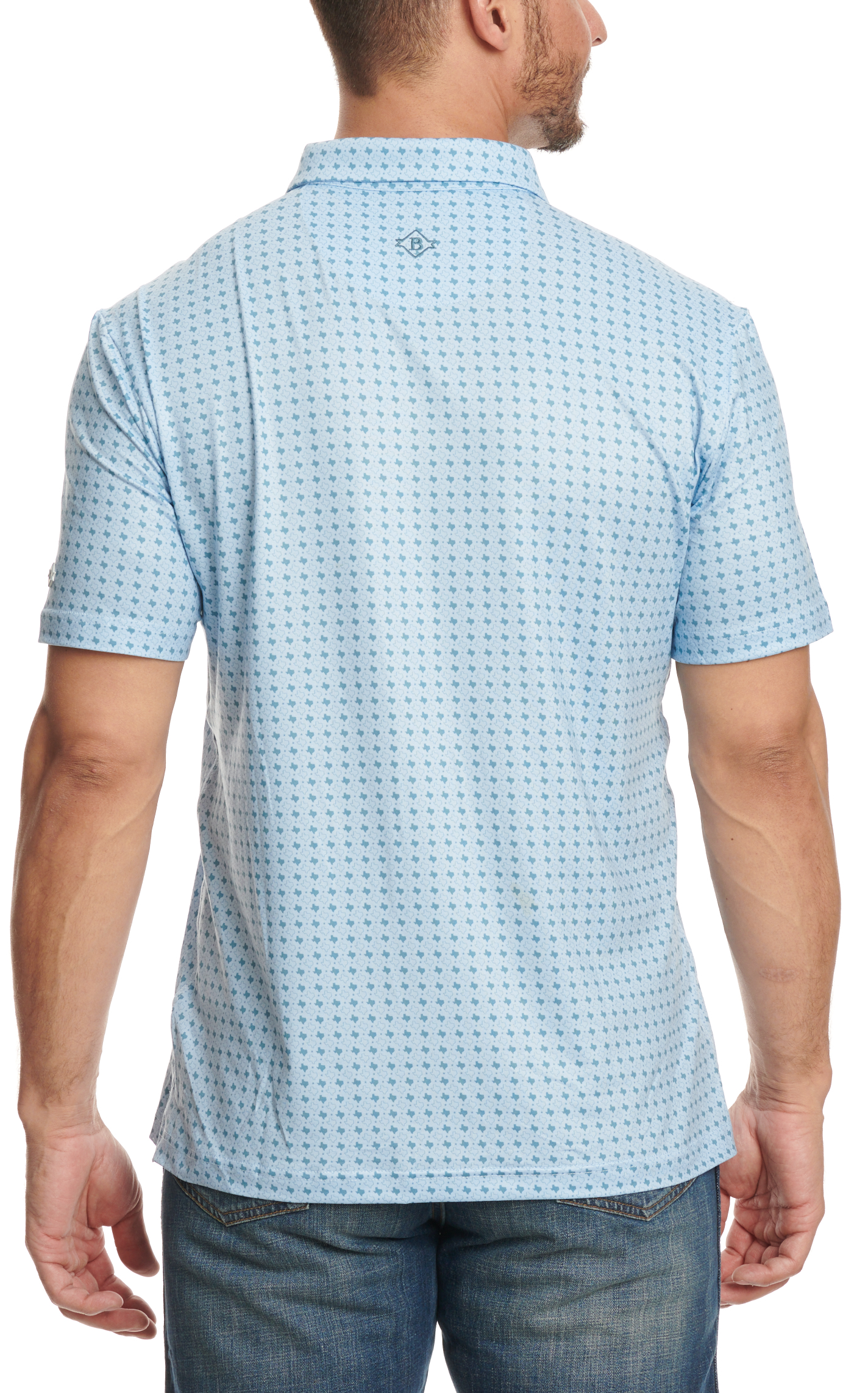 BURLEBO Men's Light Blue & Green Texas Print Performance Polo - Image 1
