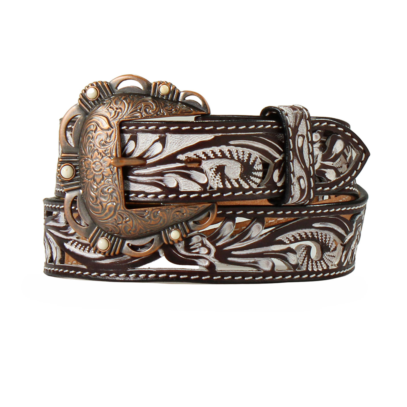 Angel Ranch Ladies’ Bronze Wash Tooled Leather Belt - Image 1