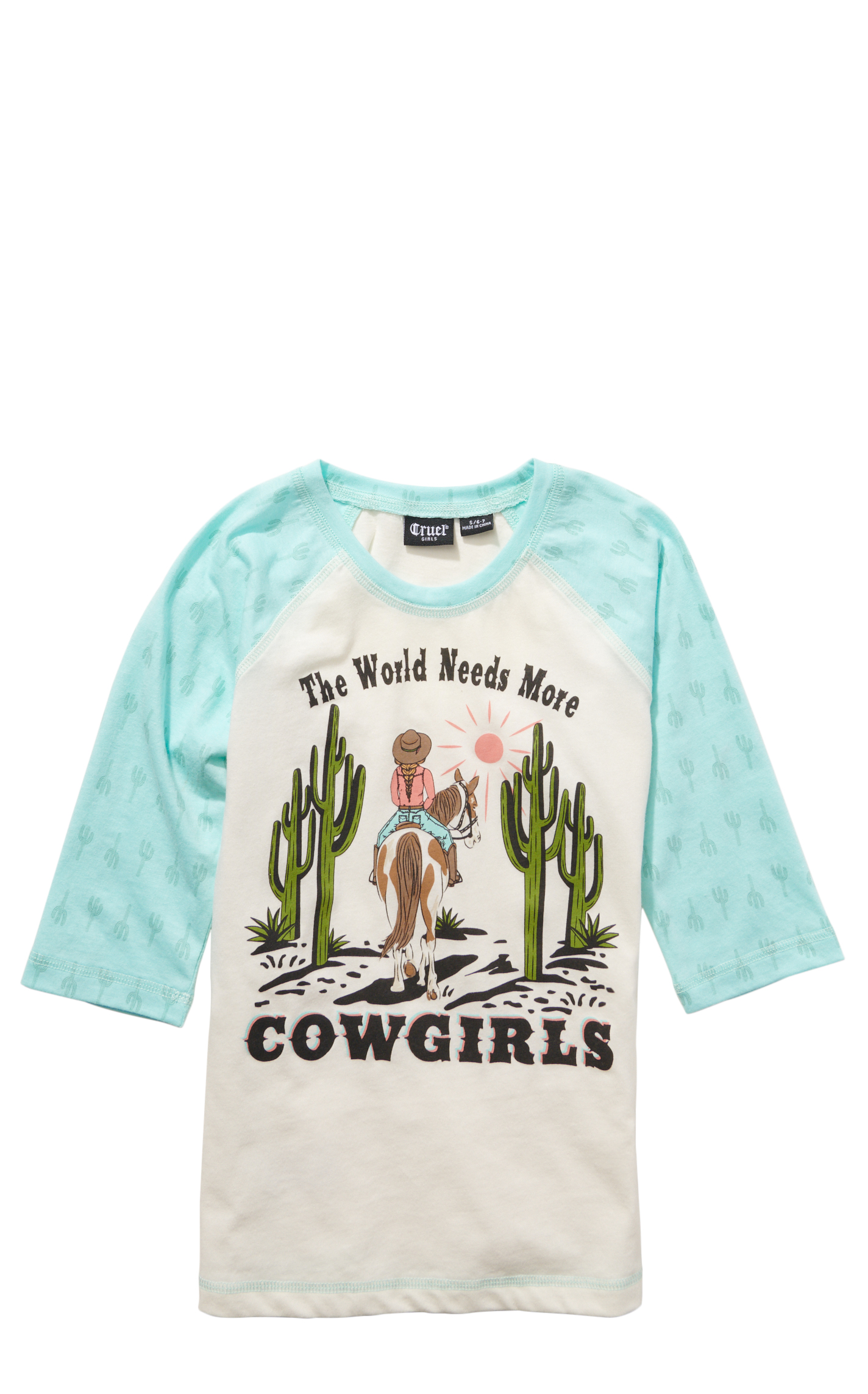 Cruel Girl Girl's White The World Needs More Cowgirls Graphic Sea Green Ragland Sleeve T-Shirt - Image 1