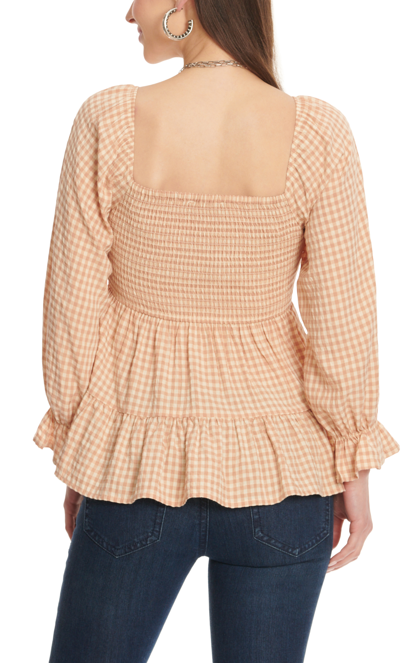 Rockin C Women's Cream & Light Brown Sugar Gingham Smocked Long Sleeve Top - Image 1