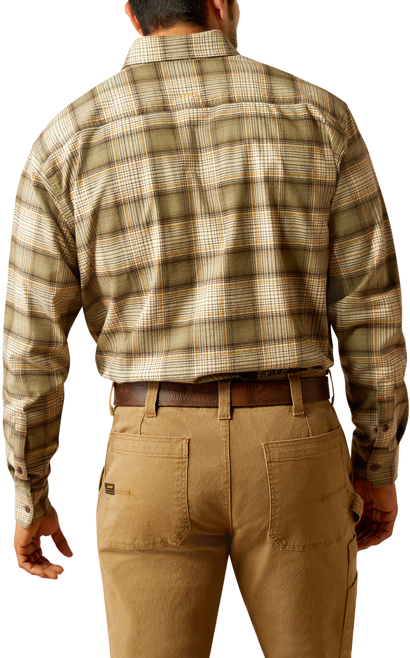 Ariat Men's Rebar Olive & Marigold Plaid DuraStretch Flannel Work Shirt - Image 1