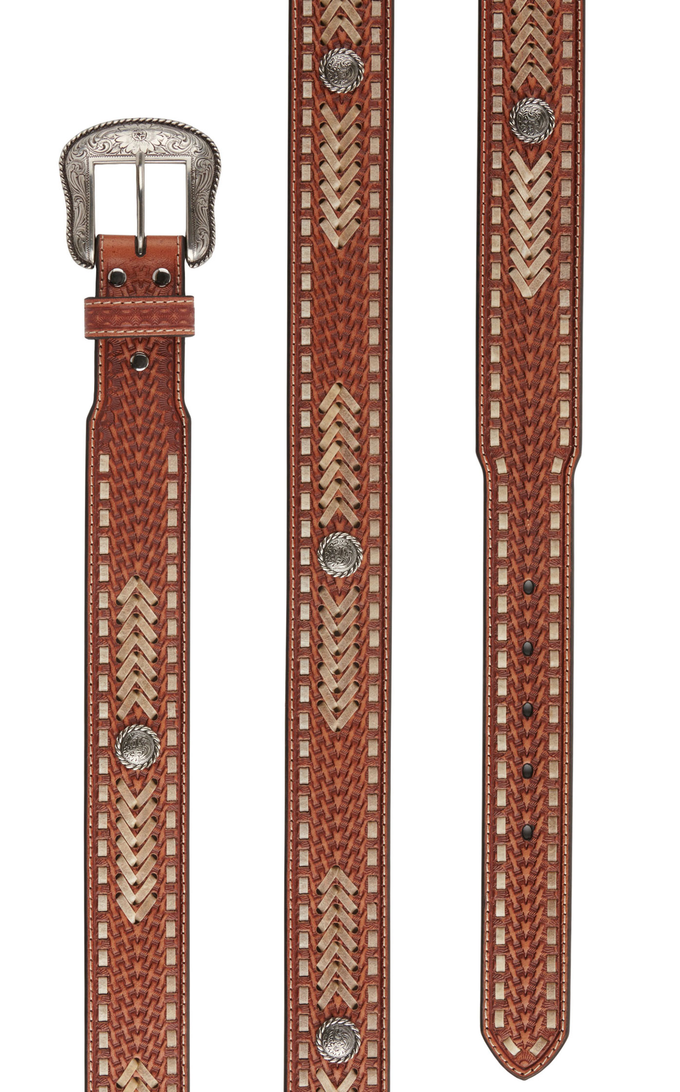 Nocona Men's Leather Basket-Weave with Cream Leather Lacing and Silver Concho Accent Western Belt - Image 1