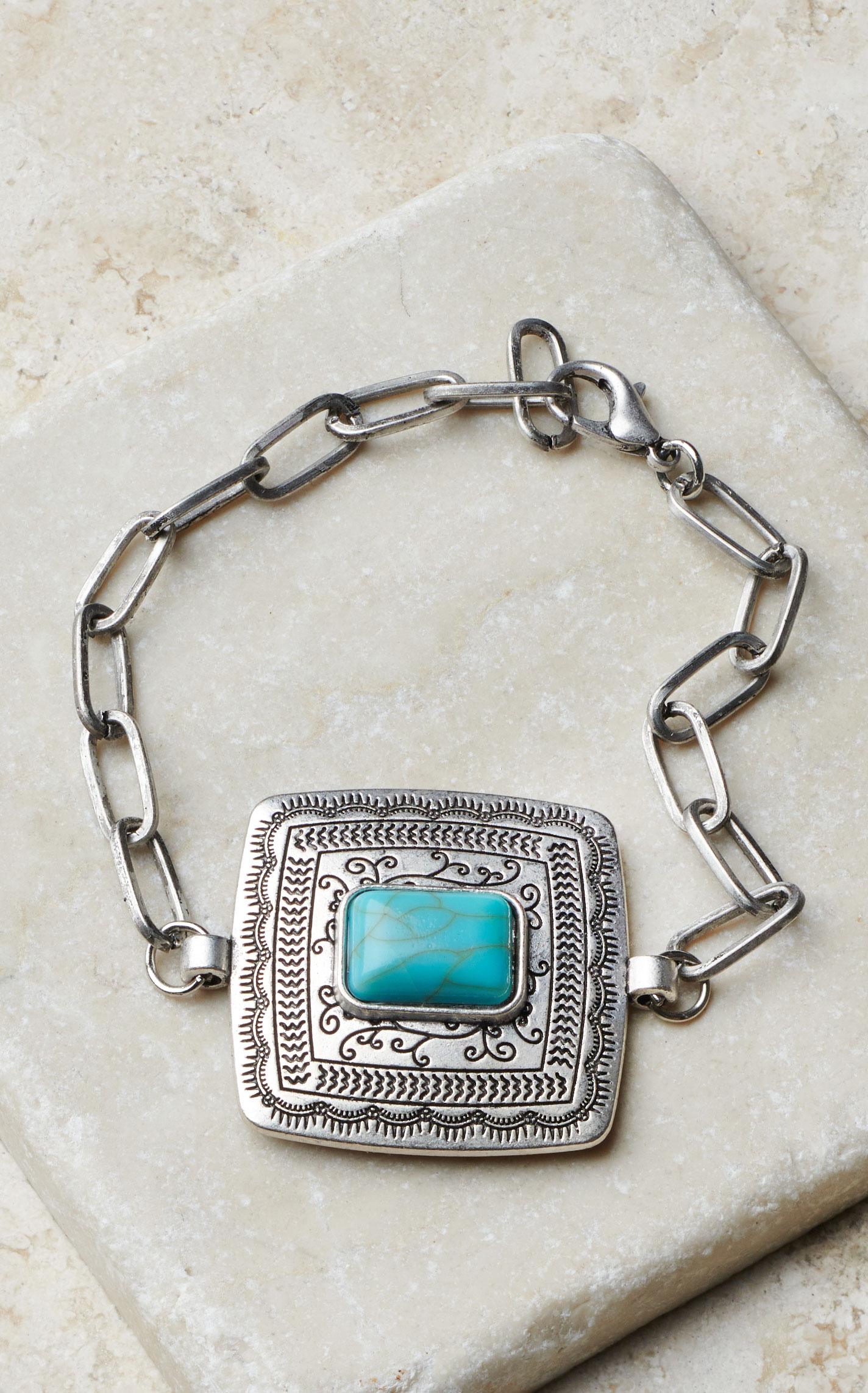 Rockin C Square Etched Silver & Turquoise Concho Paperclip Bracelet - Image 1