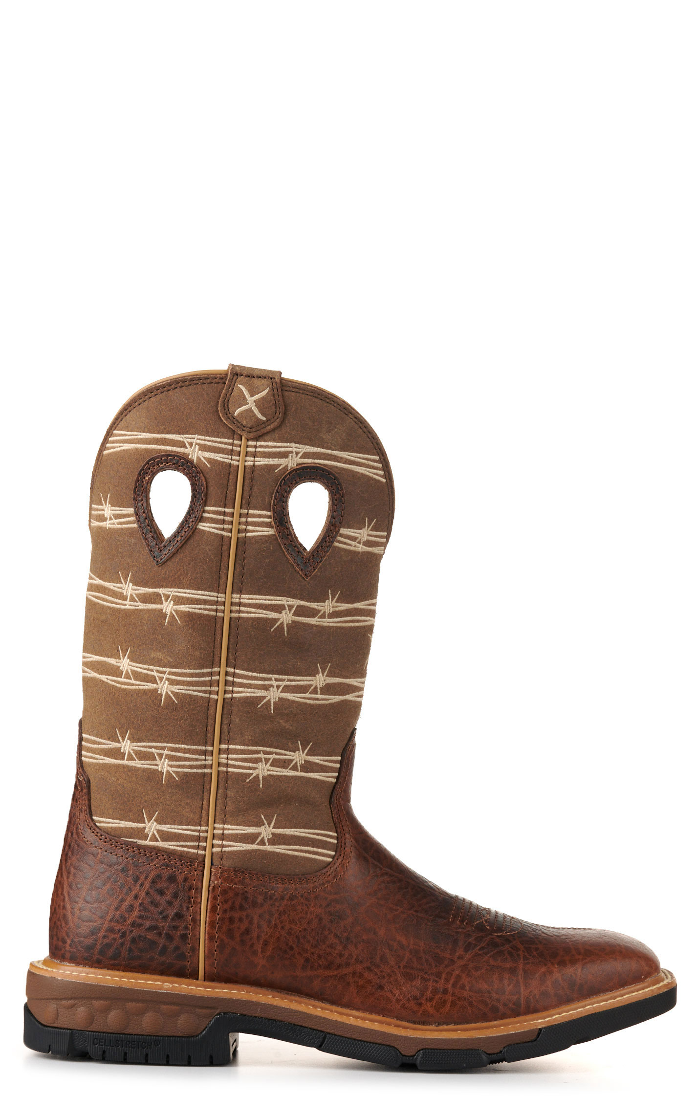 Twisted X Men's Rustic Brown and Tan Barbed Wire CellStretch Square Toe Work Boots - Image 1