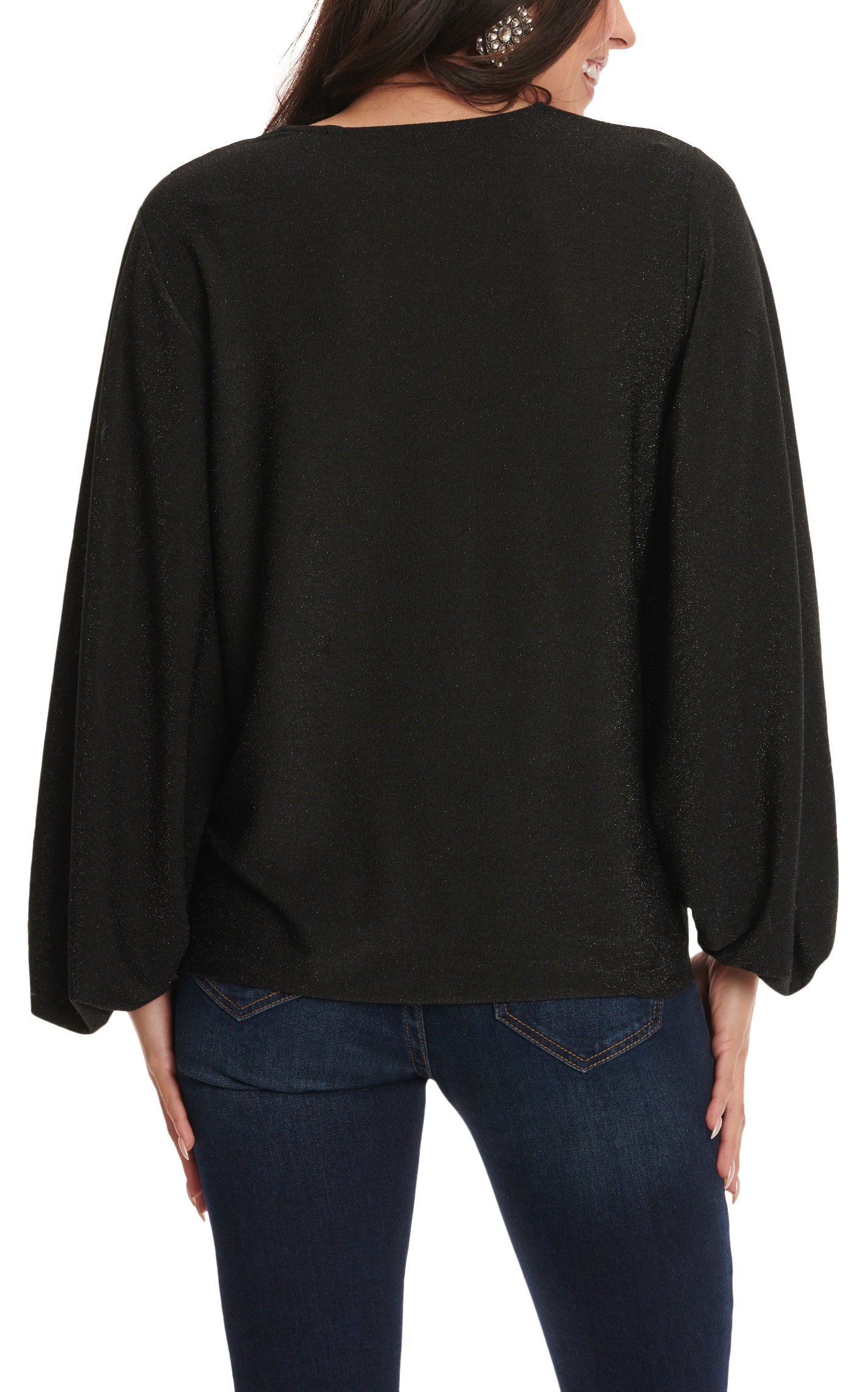 Panhandle Women's Black Lurex V-Neck Long Balloon Sleeve Top - Image 1