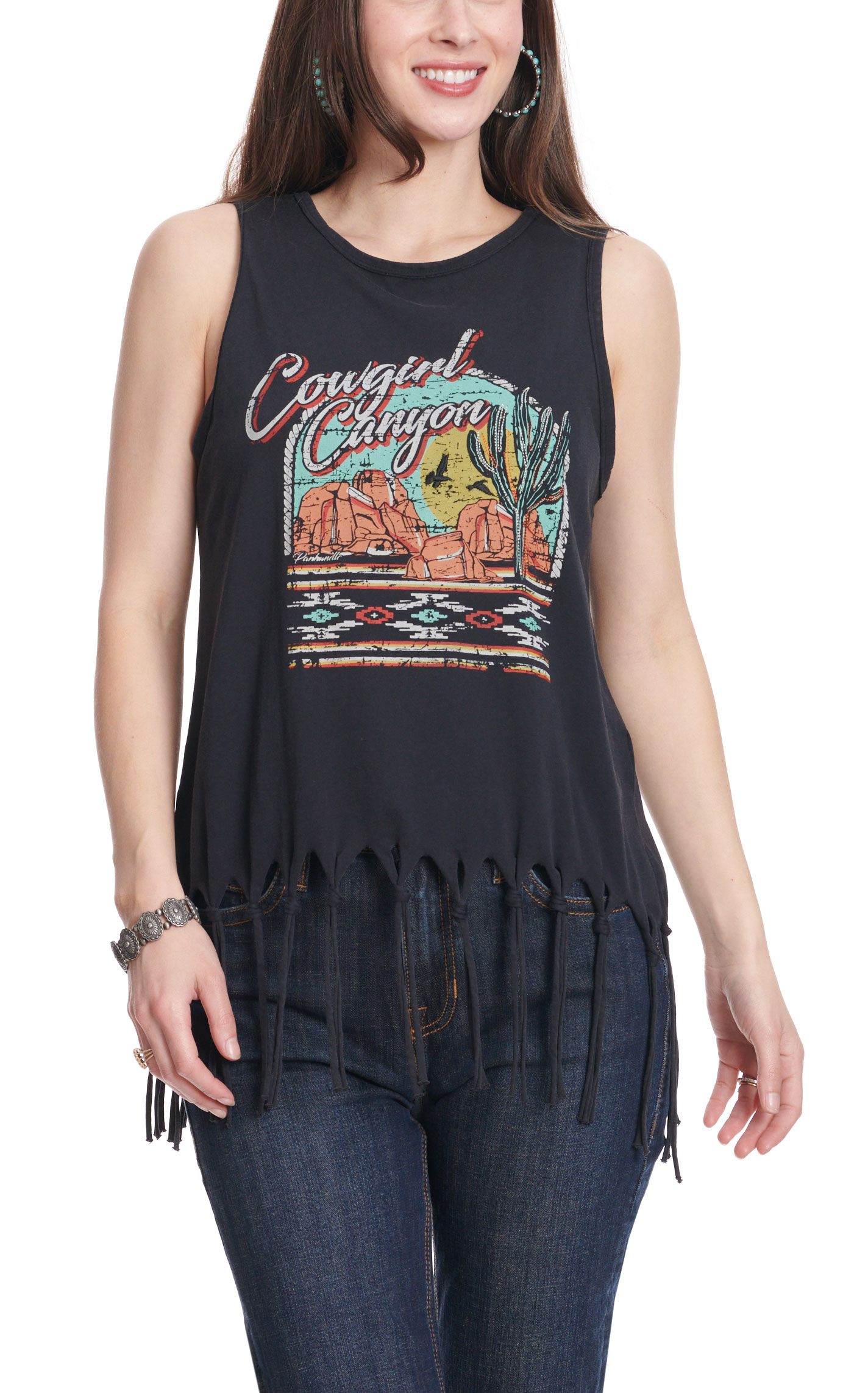 Panhandle Women's Black Cowgirl Canyon Tied Tassel Tank Top - Image 1