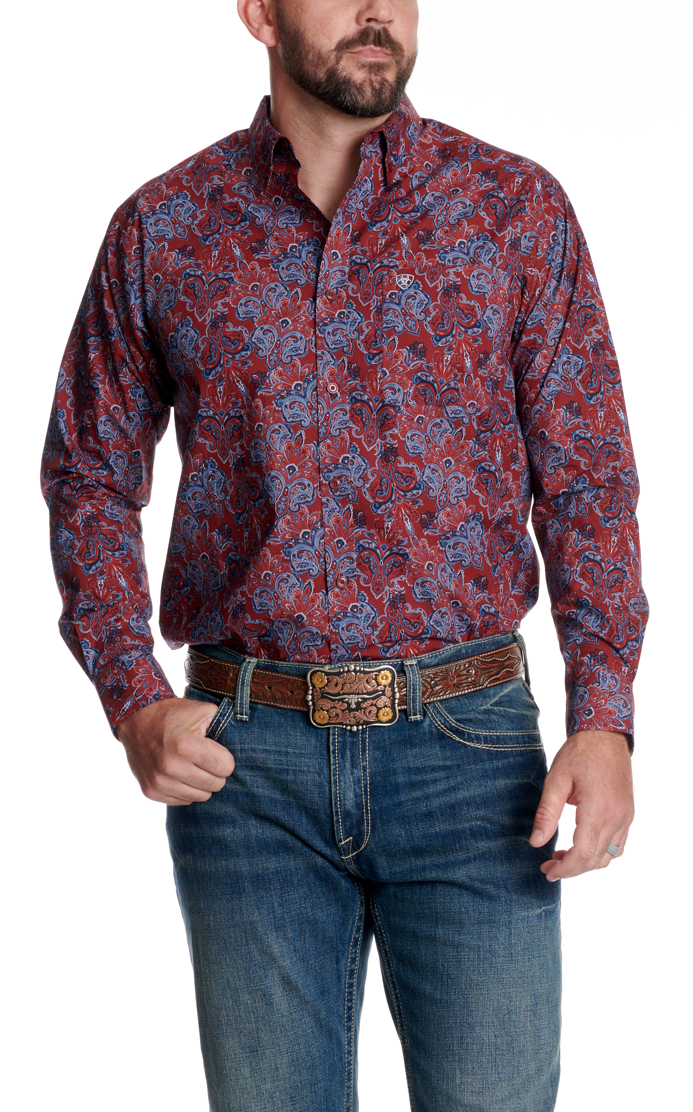 Ariat Men's Dark Red & Multi Paisley Print Button Down Shirt - Image 1