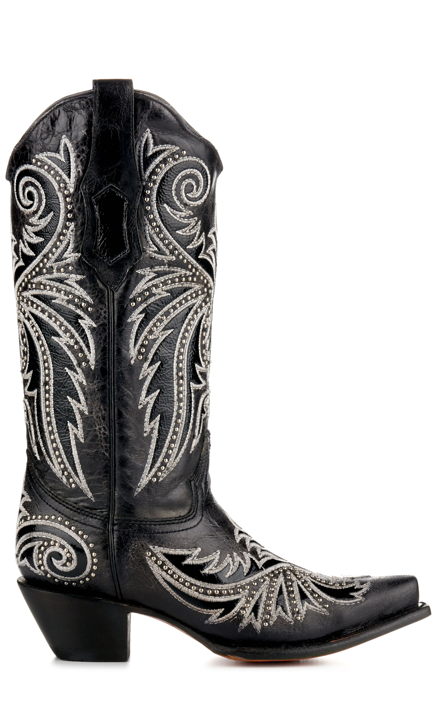Corral Women's Distressed Black with White Embroidery and Studs Snip Toe Cowboy Boots - Image 1