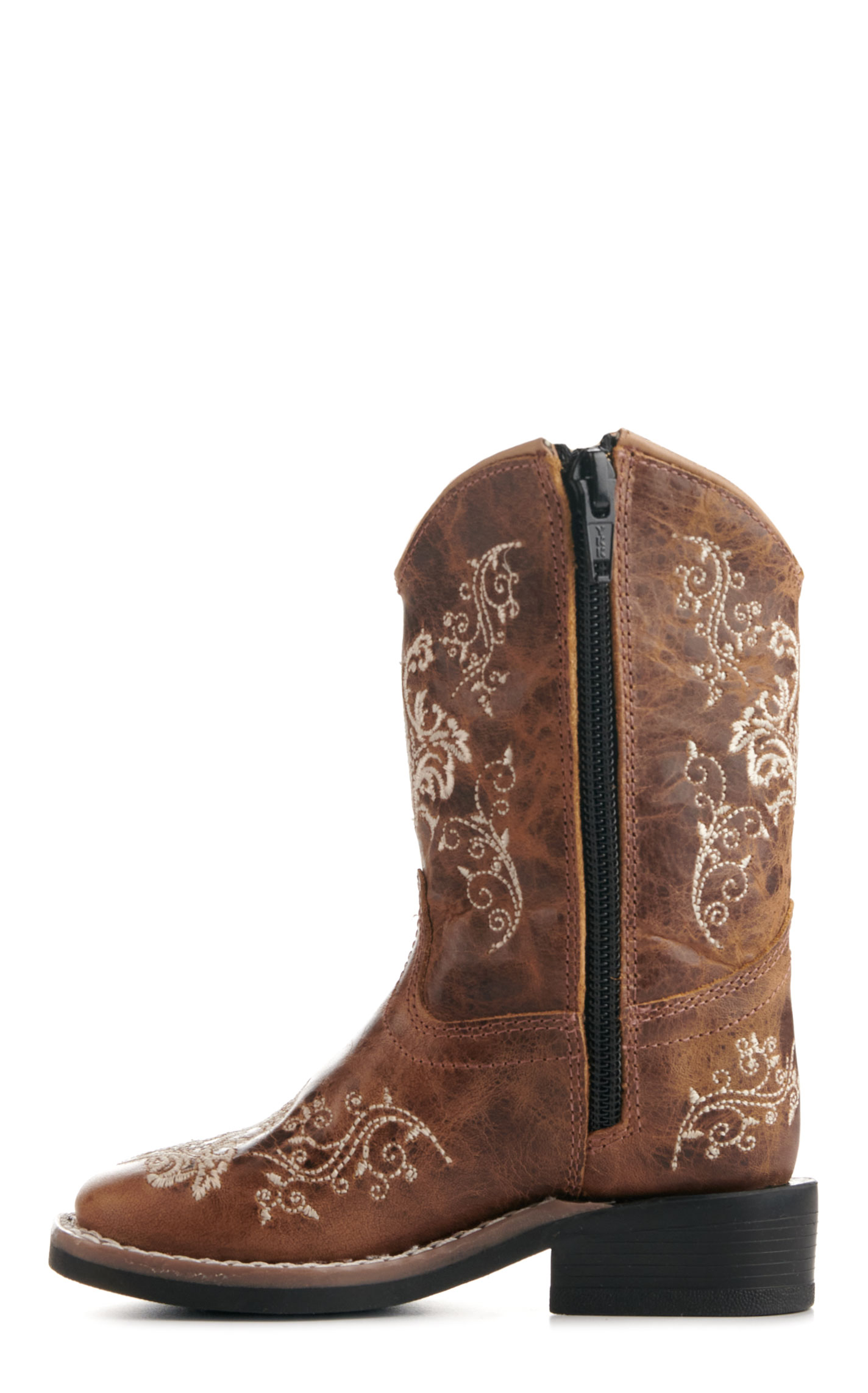 Old West Toddlers' Burnt Tan with Cream Embroidery Wide Square Toe Cowboy Boots - Image 1