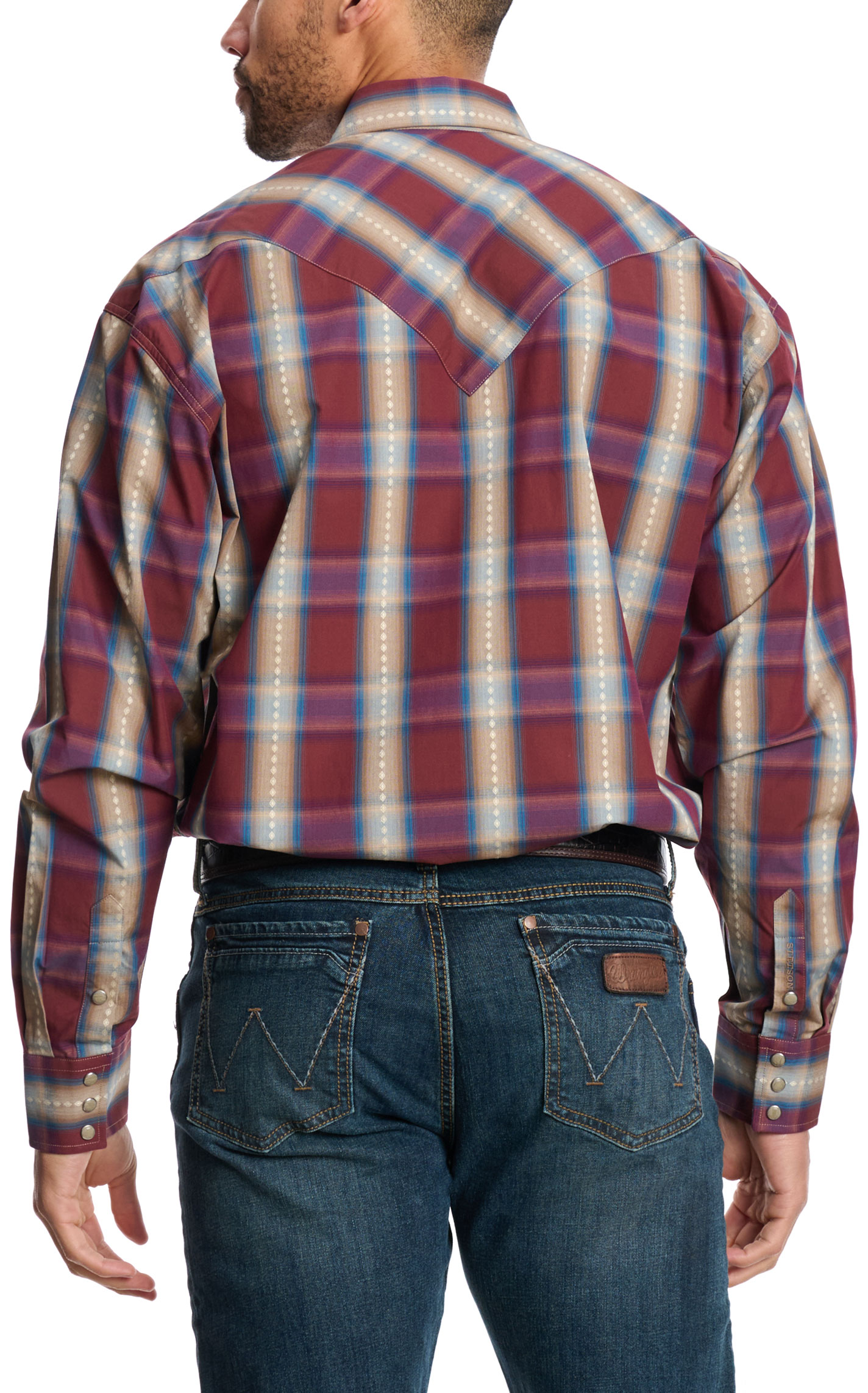 Stetson Men's Wine Blue & Latte Plaid Western Shirt - Image 1
