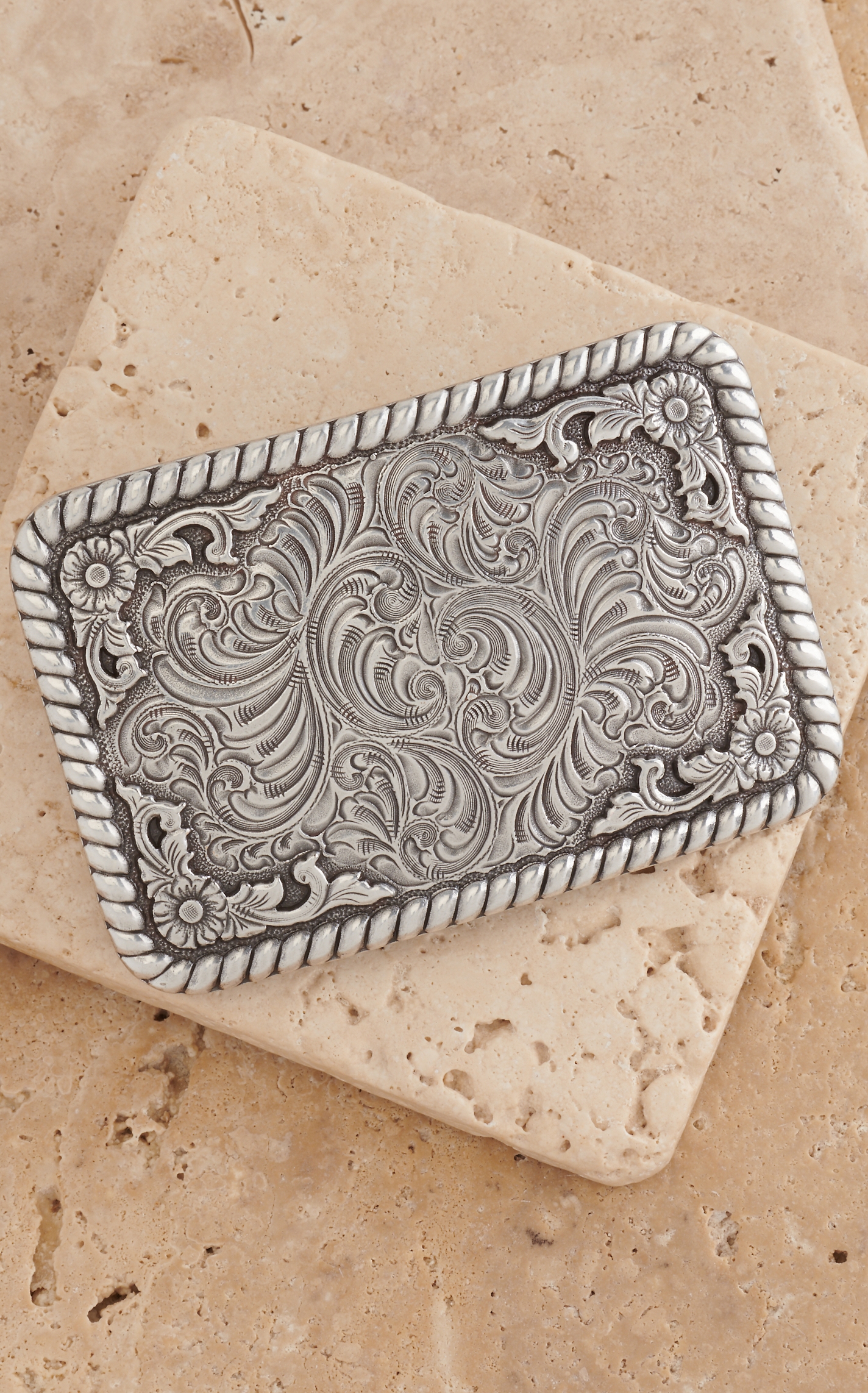 Nocona Silver Western Floral Filigree with Rope Edge Rectangular Belt Buckle - Image 1