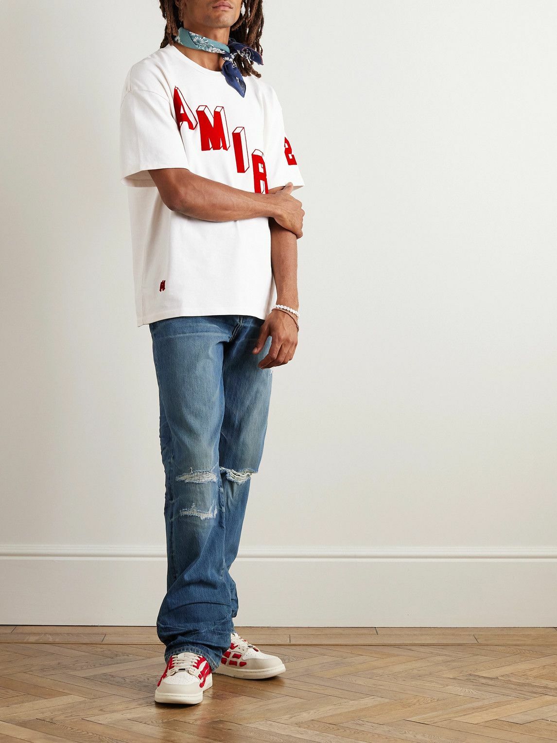 Amiri  Logo Flocked Felt Trimmed Cotton Jersey T-Shirt White