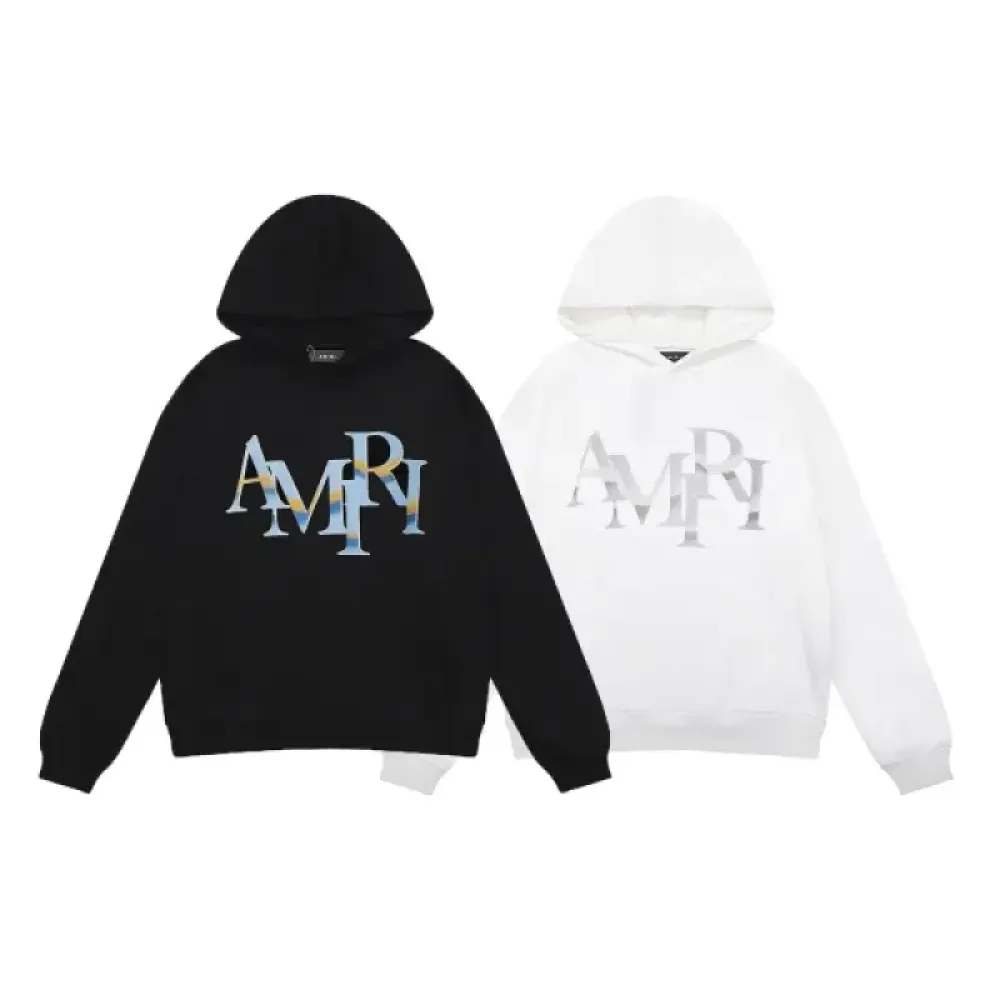 AMIRI Staggered Chrome Logo-Print Hoodie Black and White