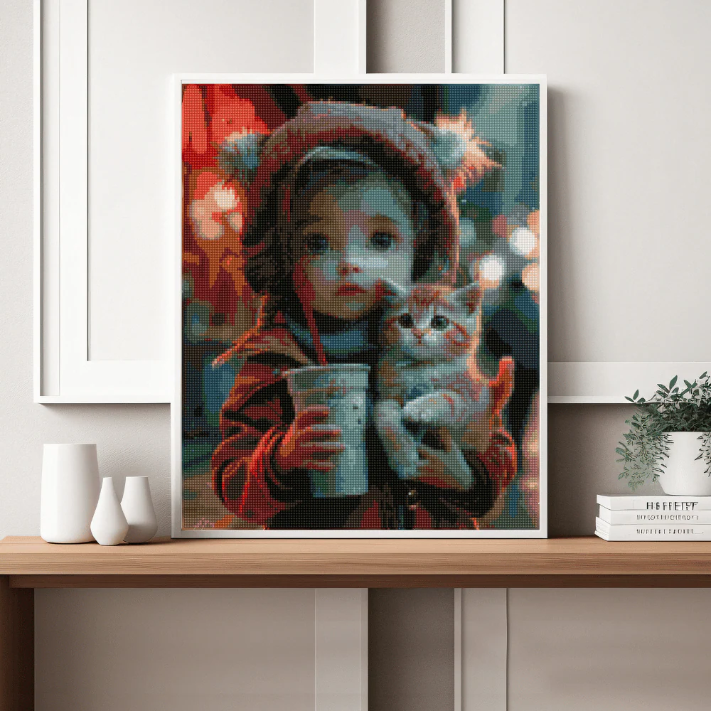 Cute Girl and Kitten - Diamond Painting Kit