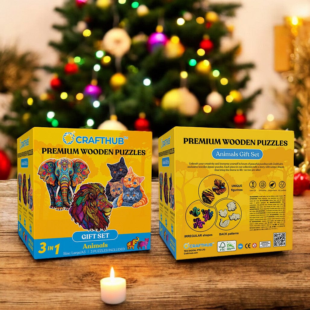 3-Pack Animal World - Wooden Jigsaw Puzzle Gift Set