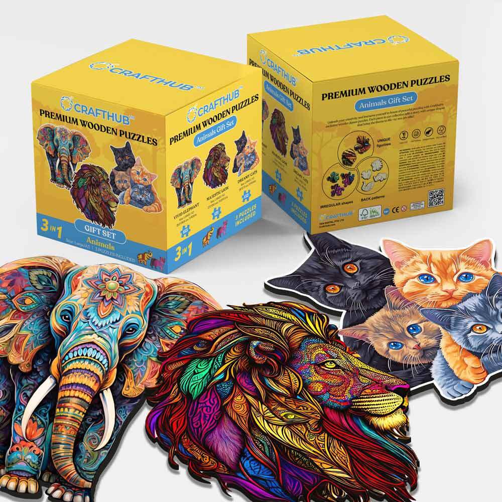 3-Pack Animal World - Wooden Jigsaw Puzzle Gift Set
