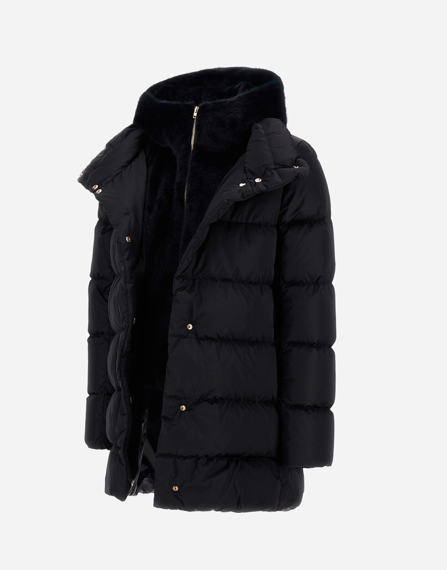 A-SHAPE JACKET IN SATIN AND LADY ALTERNATIVE FUR