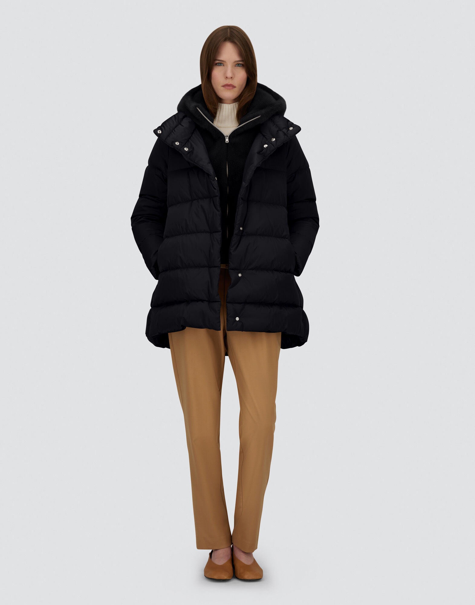 A-SHAPE JACKET IN SATIN AND LADY ALTERNATIVE FUR
