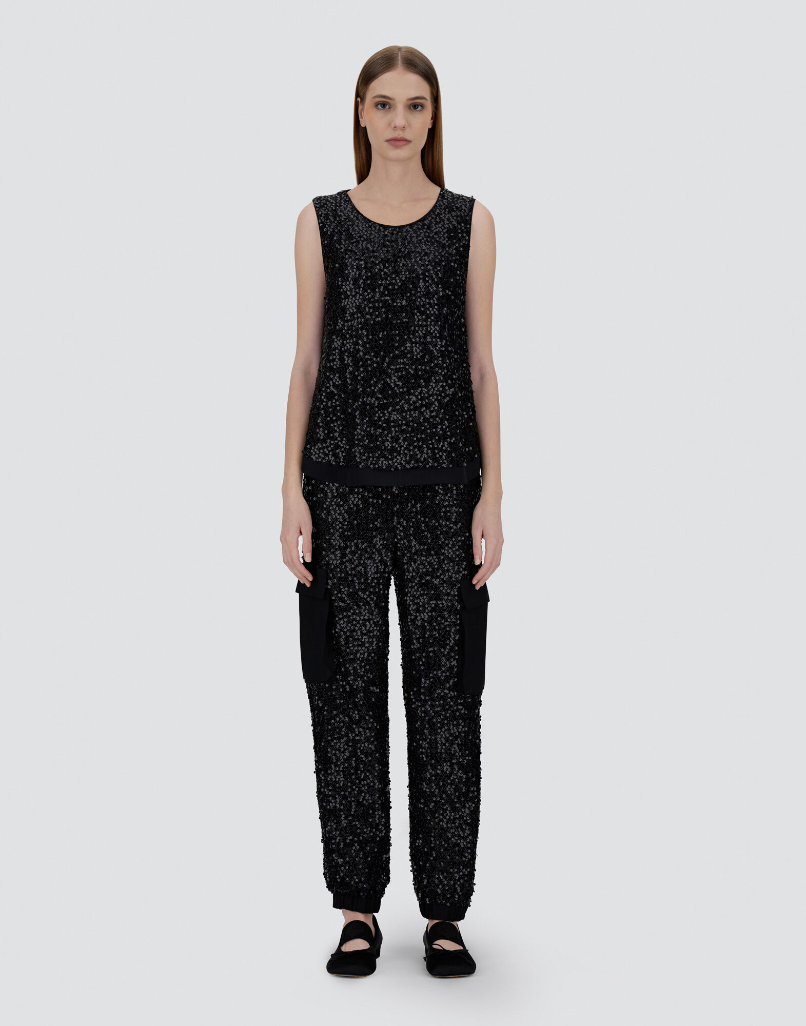 TOP IN SEQUIN MESH AND STRUCTURED NYLON