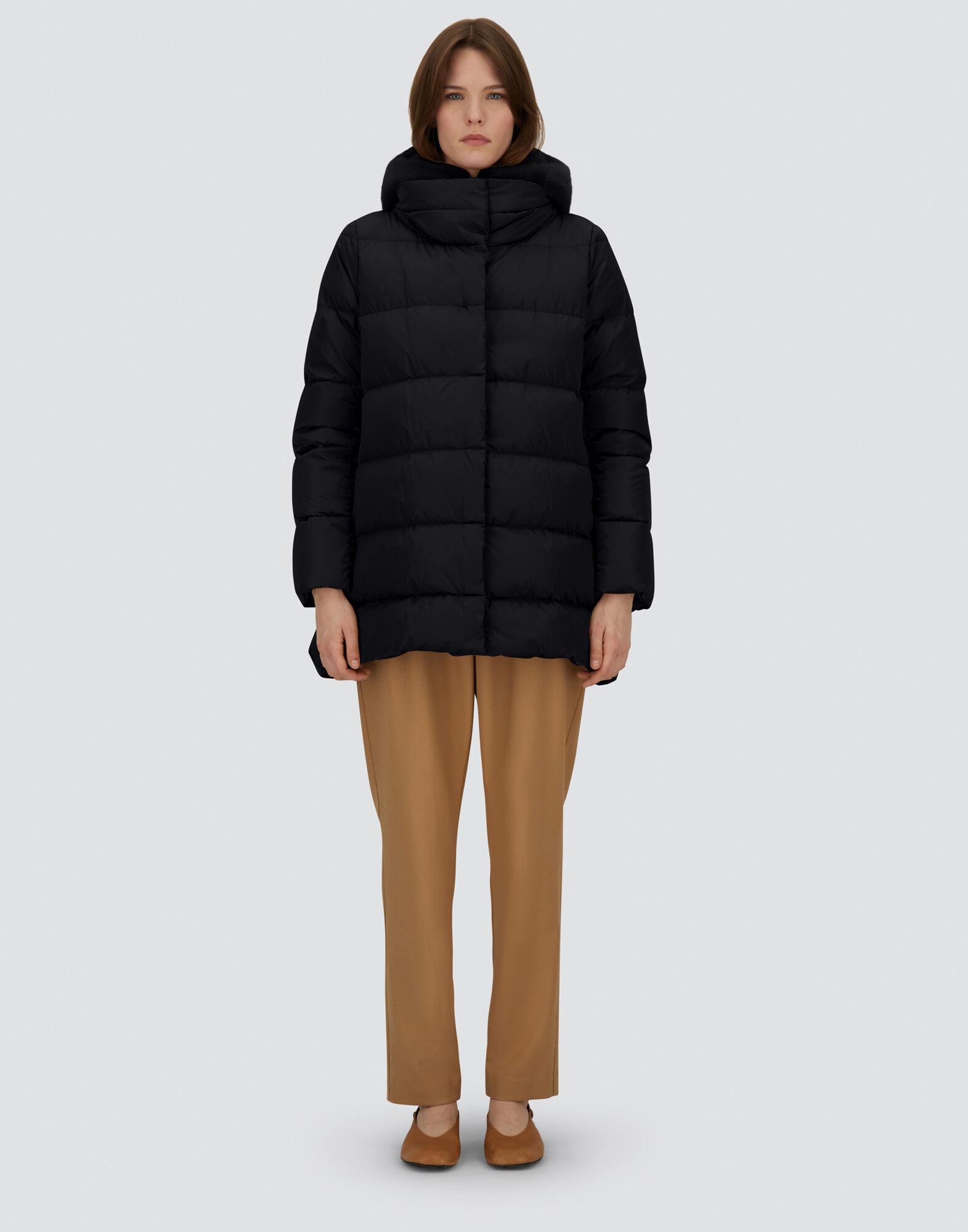 A-SHAPE JACKET IN SATIN AND LADY ALTERNATIVE FUR