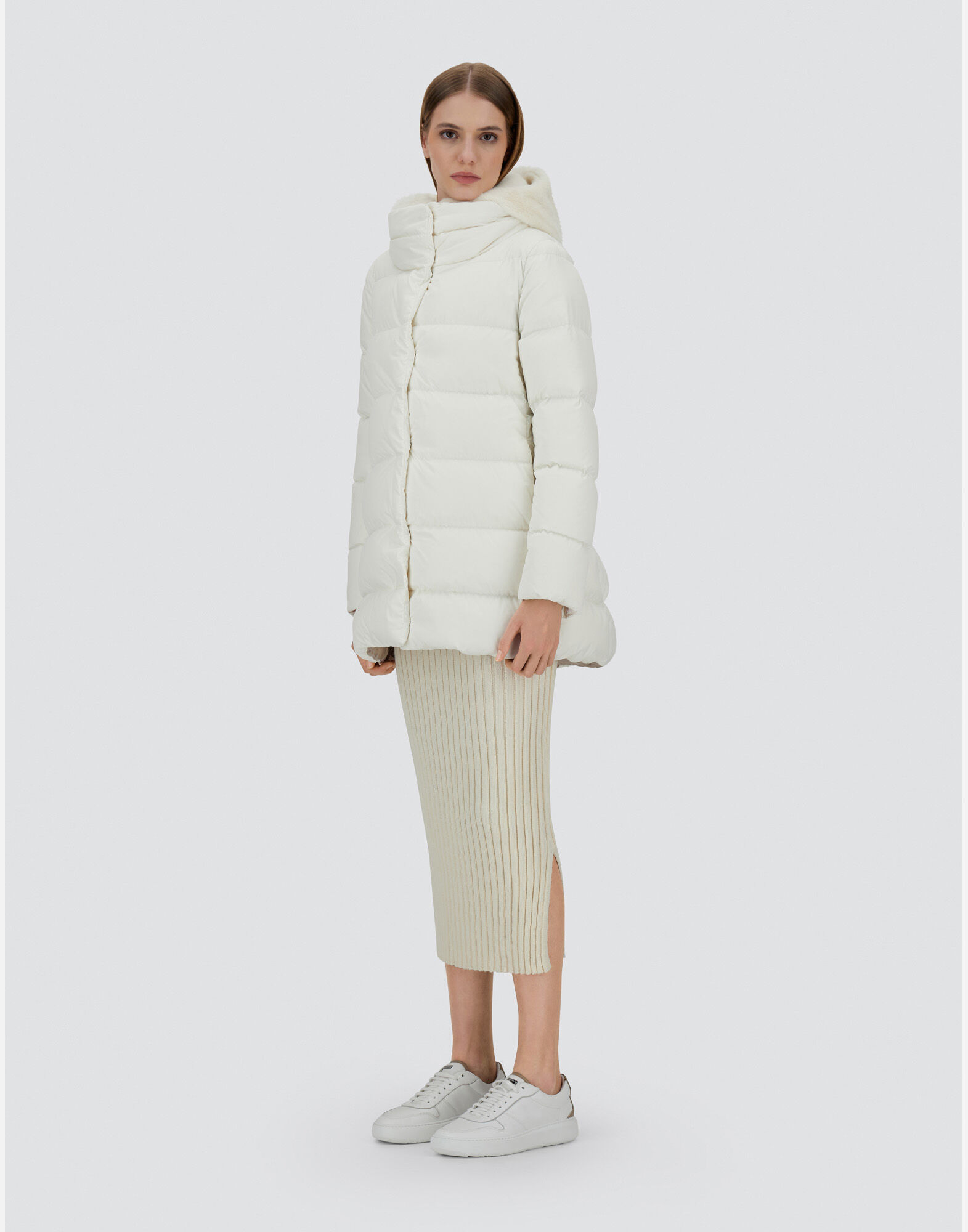 A-SHAPE JACKET IN SATIN AND LADY ALTERNATIVE FUR