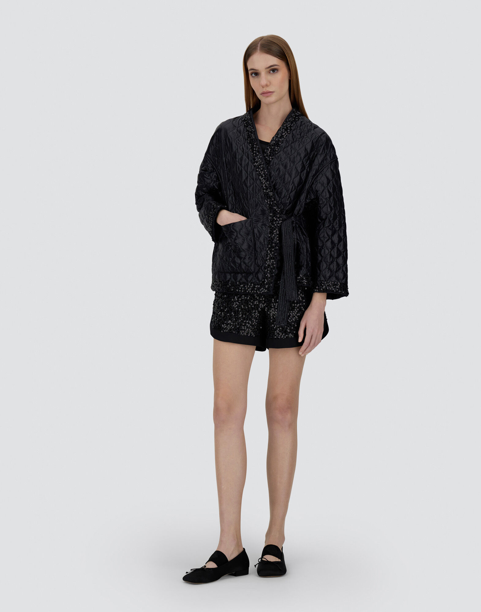 JACKET IN NYLON ULTRALIGHT, MATT NYLON AND SEQUIN MESH