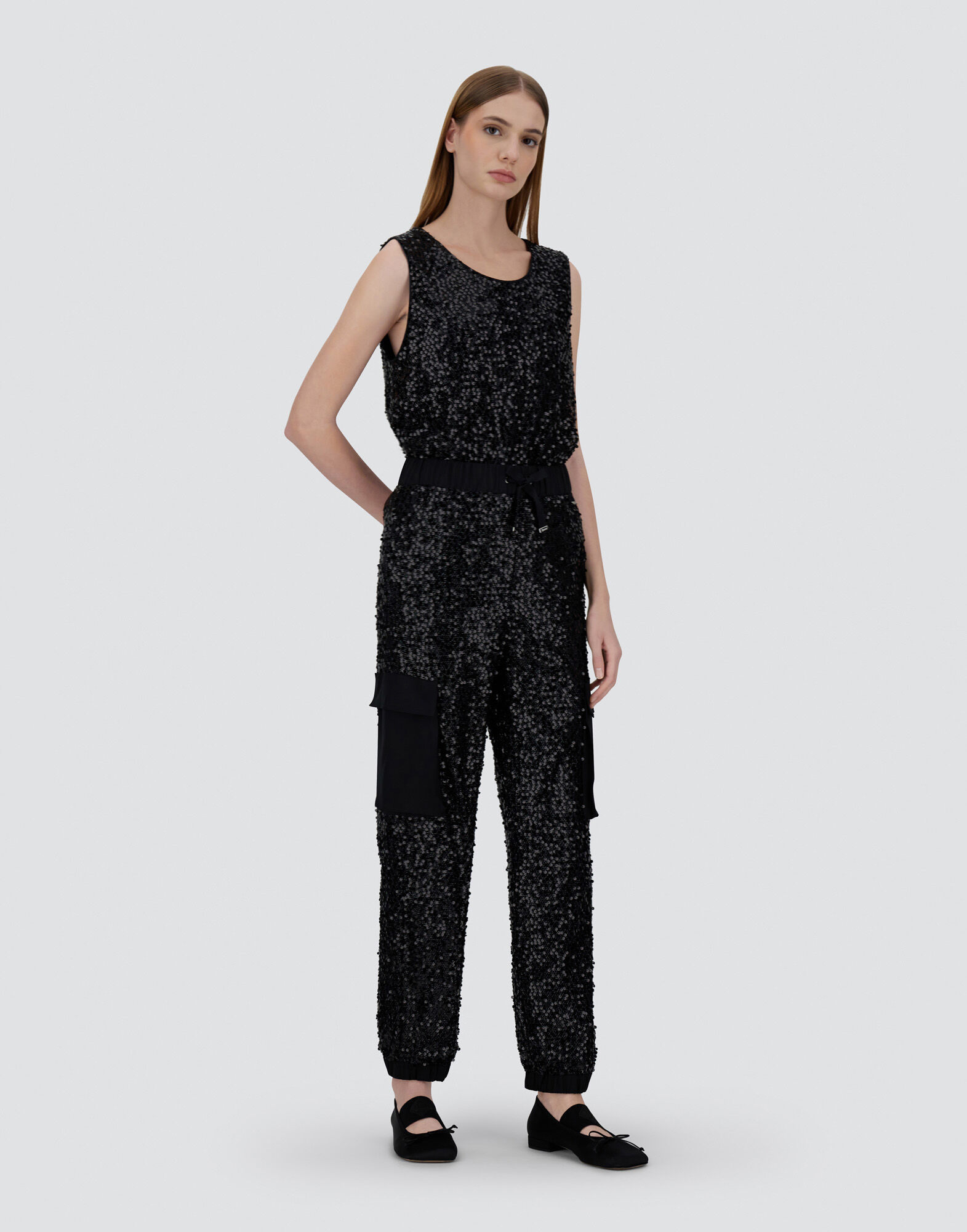 CARGO TROUSERS IN SEQUIN MESH AND STRUCTURED NYLON