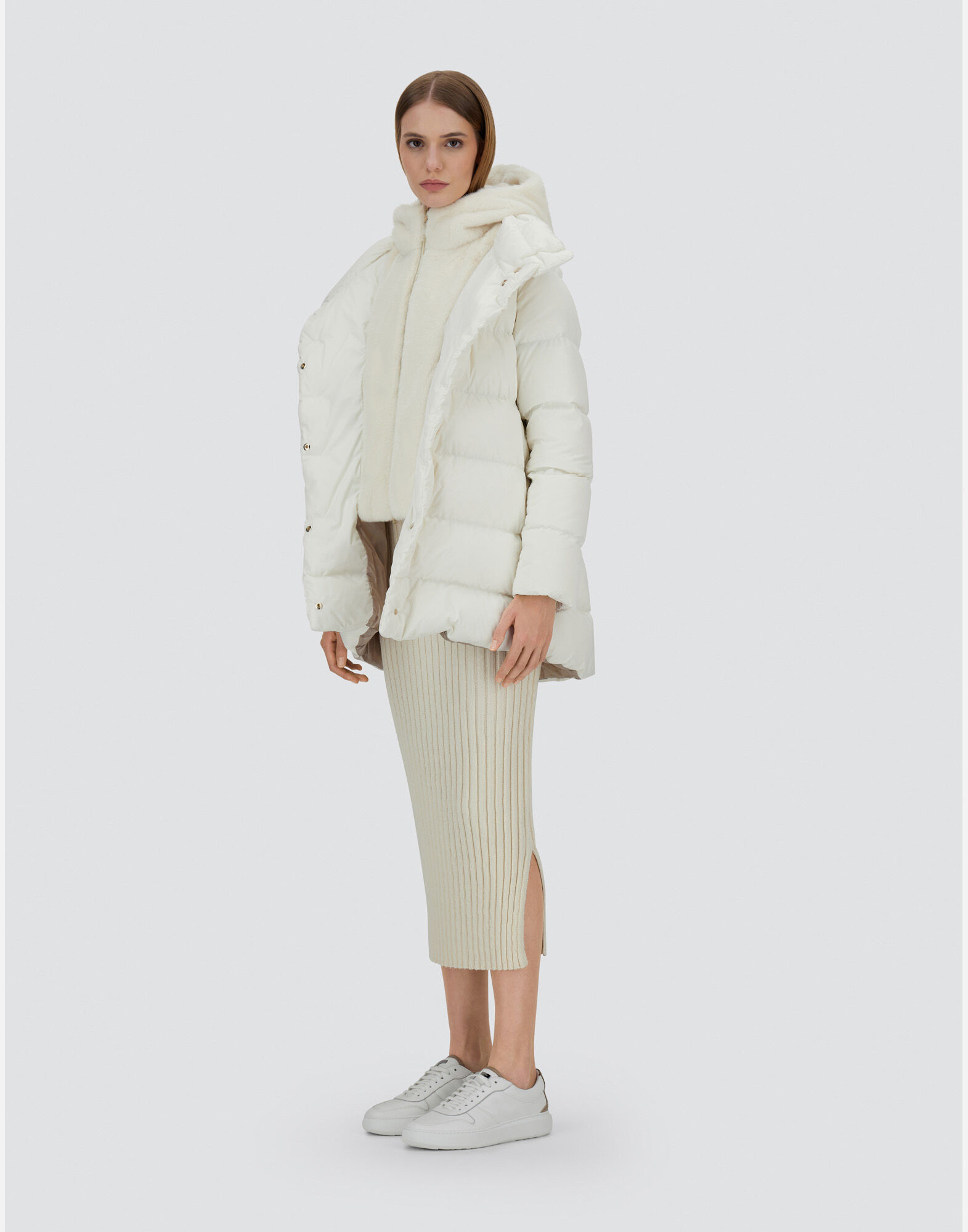 A-SHAPE JACKET IN SATIN AND LADY ALTERNATIVE FUR
