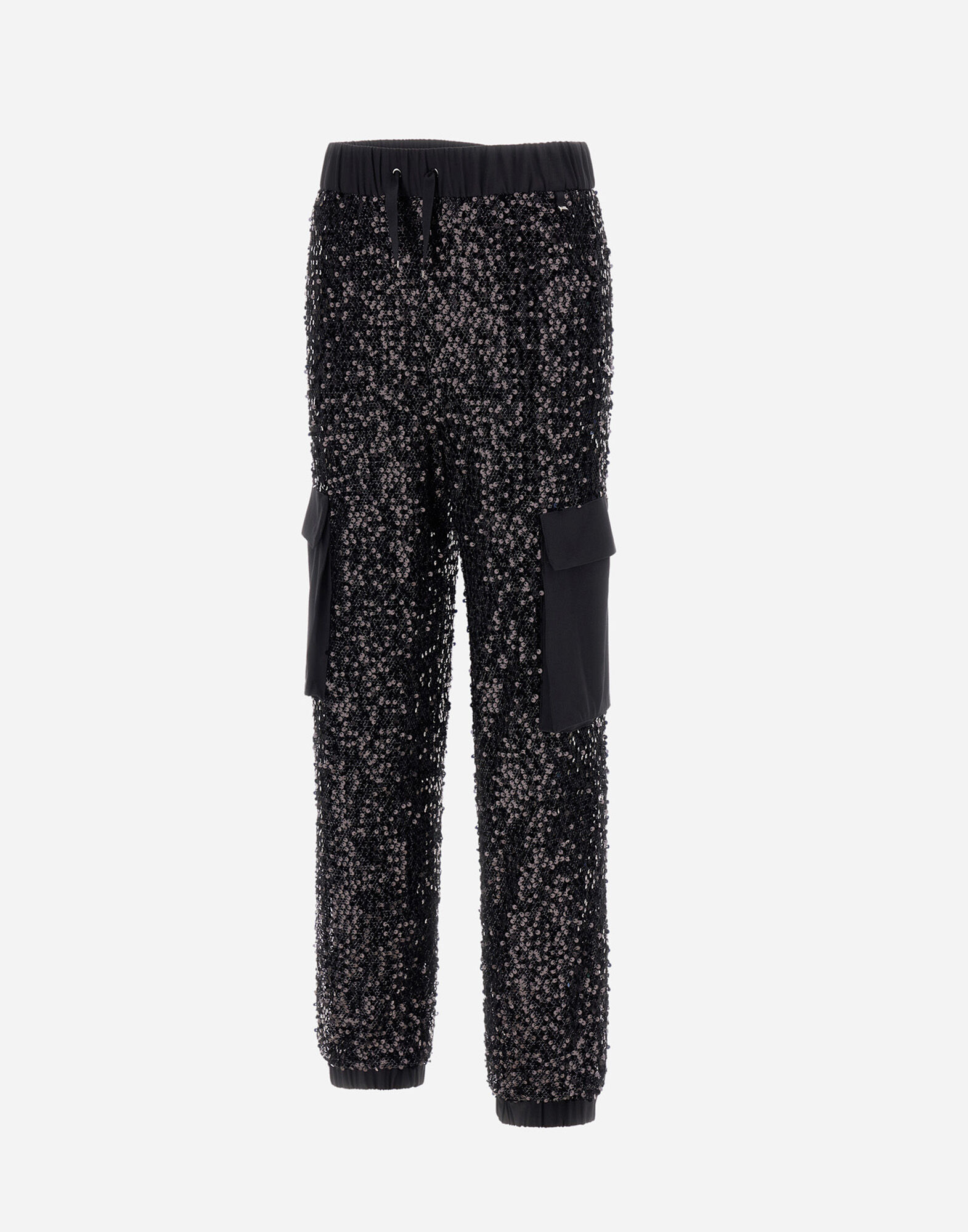 CARGO TROUSERS IN SEQUIN MESH AND STRUCTURED NYLON