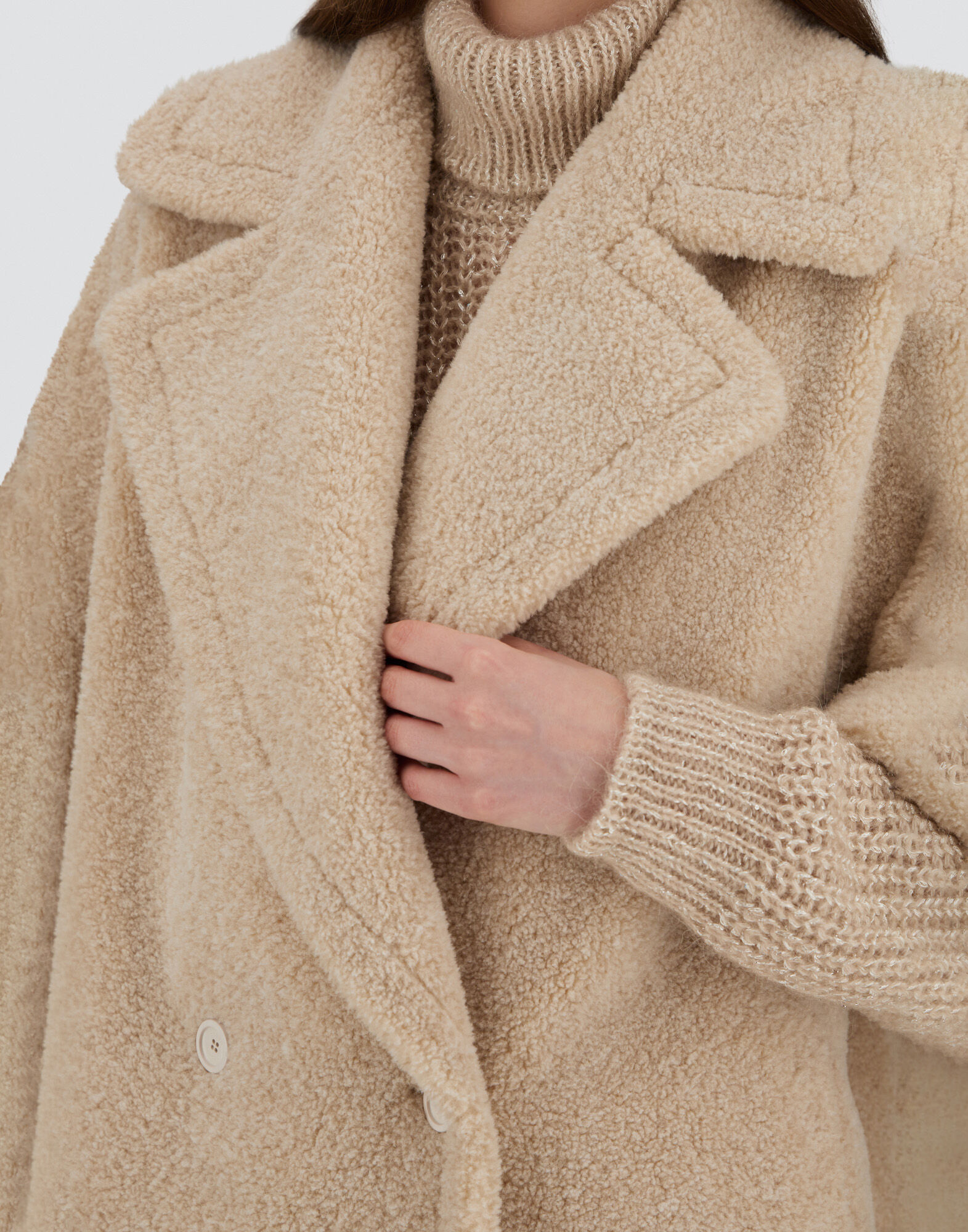 DOUBLE-BREASTED COAT IN MELANGE TEDDY