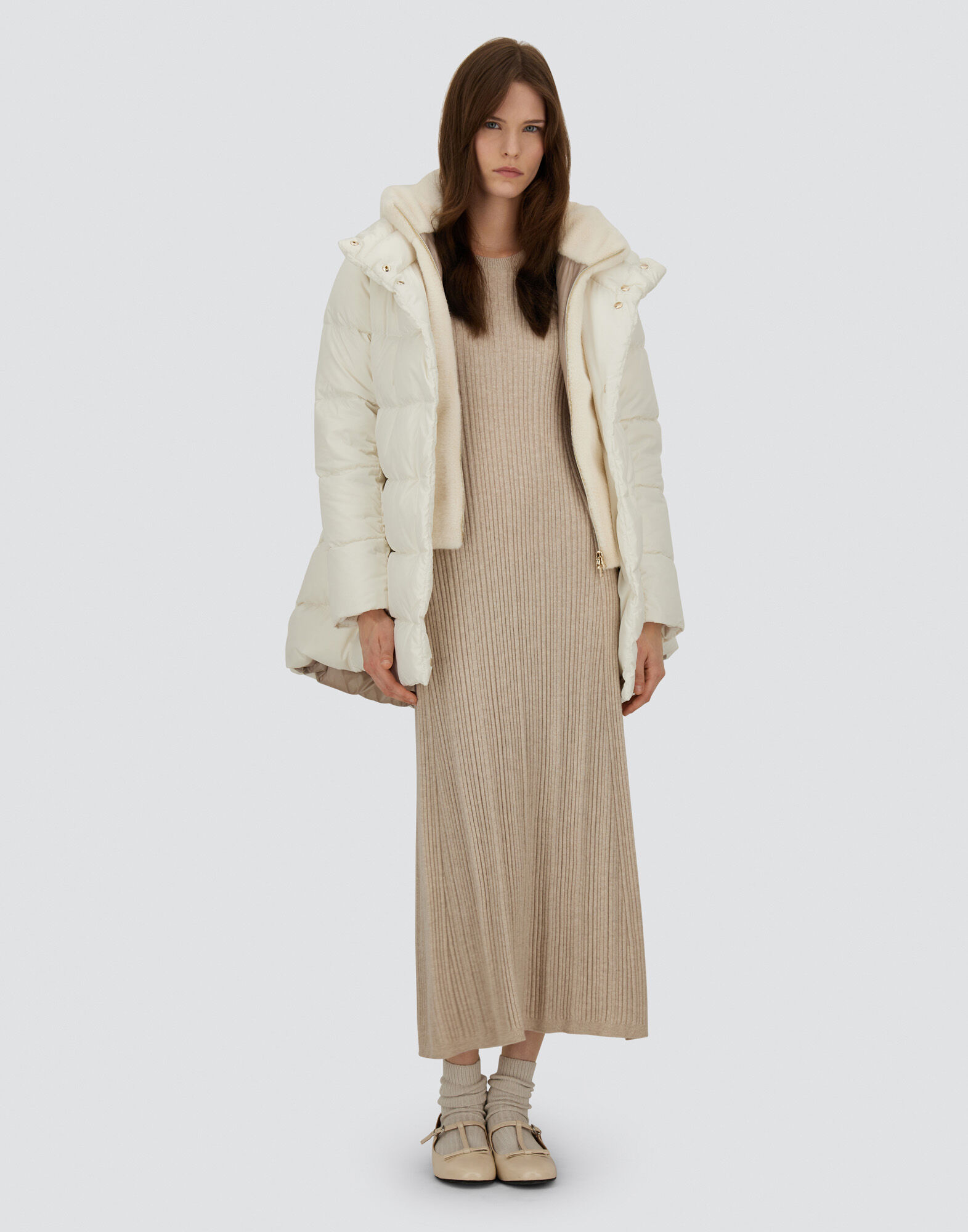 A-SHAPE JACKET IN SATIN AND LADY ALTERNATIVE FUR
