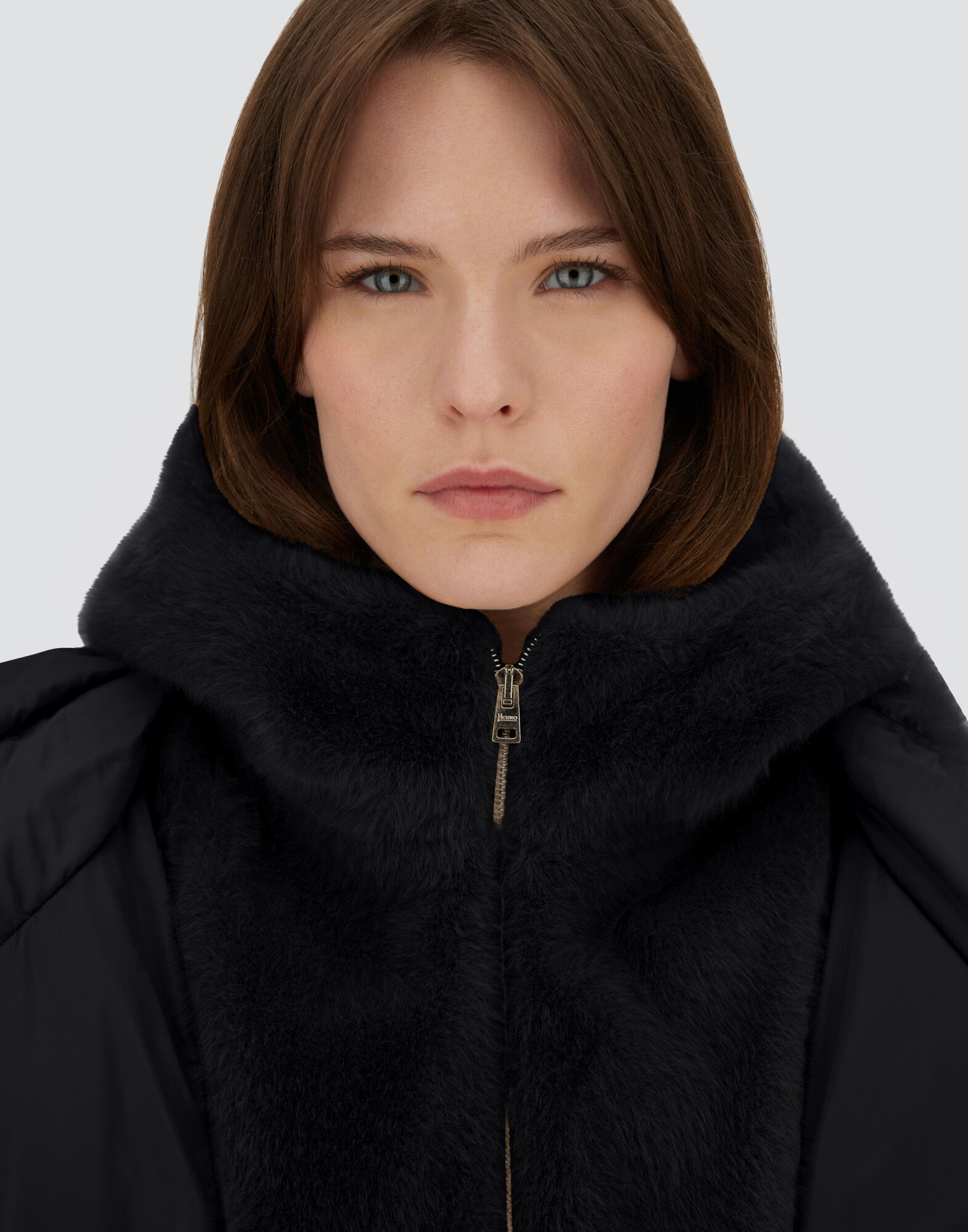 A-SHAPE JACKET IN SATIN AND LADY ALTERNATIVE FUR