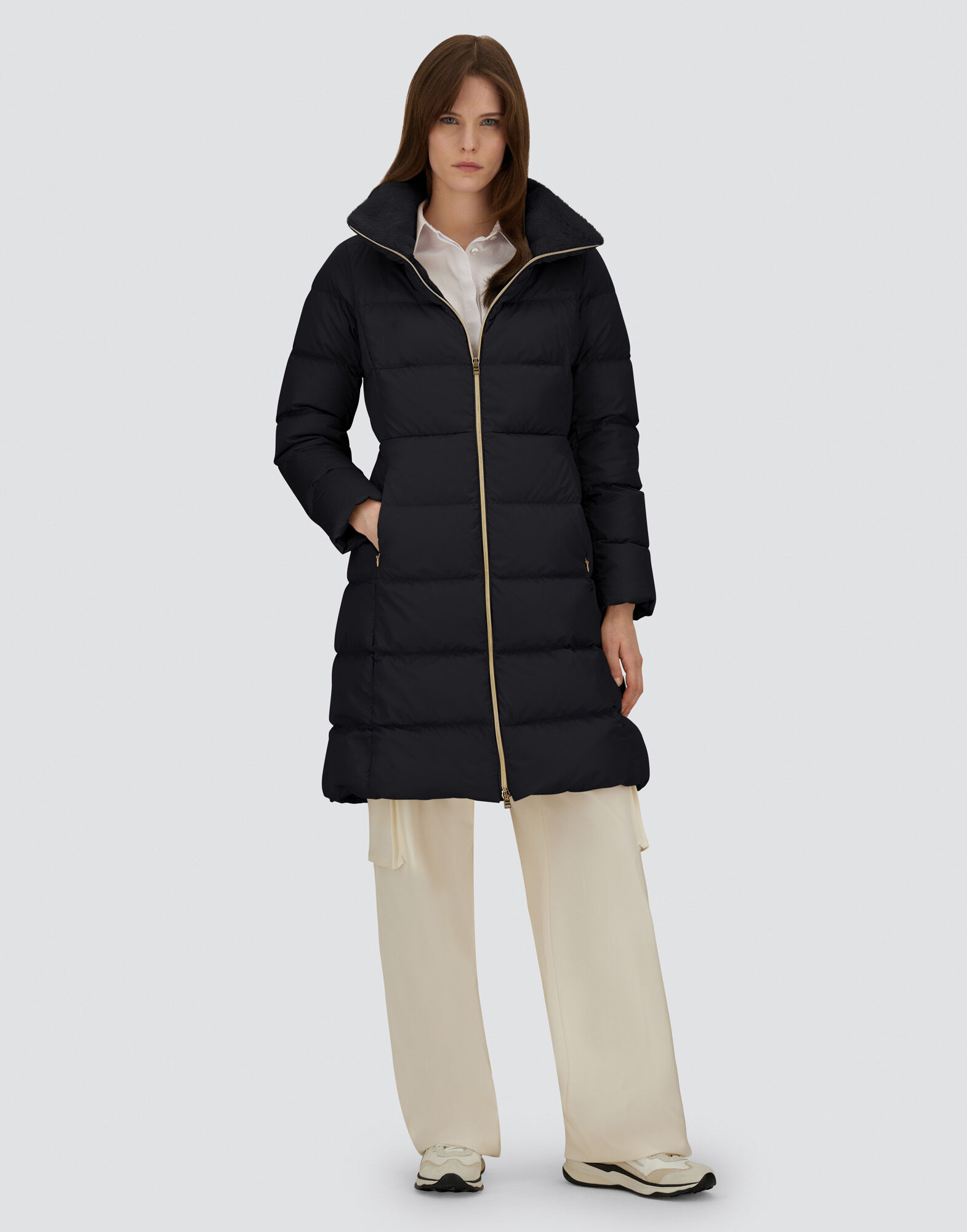 LONG JACKET IN SATIN AND LADY ALTERNATIVE FUR