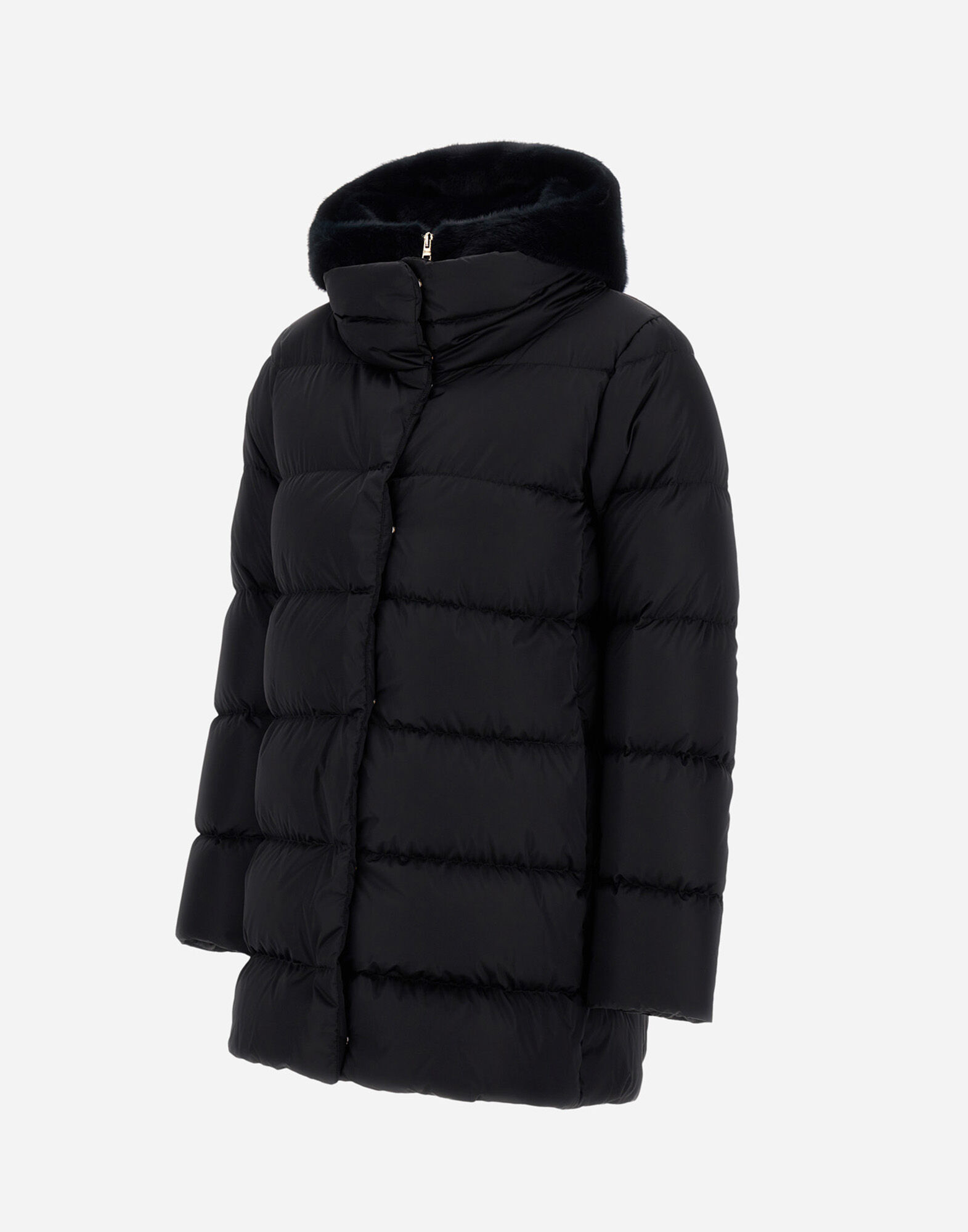 A-SHAPE JACKET IN SATIN AND LADY ALTERNATIVE FUR