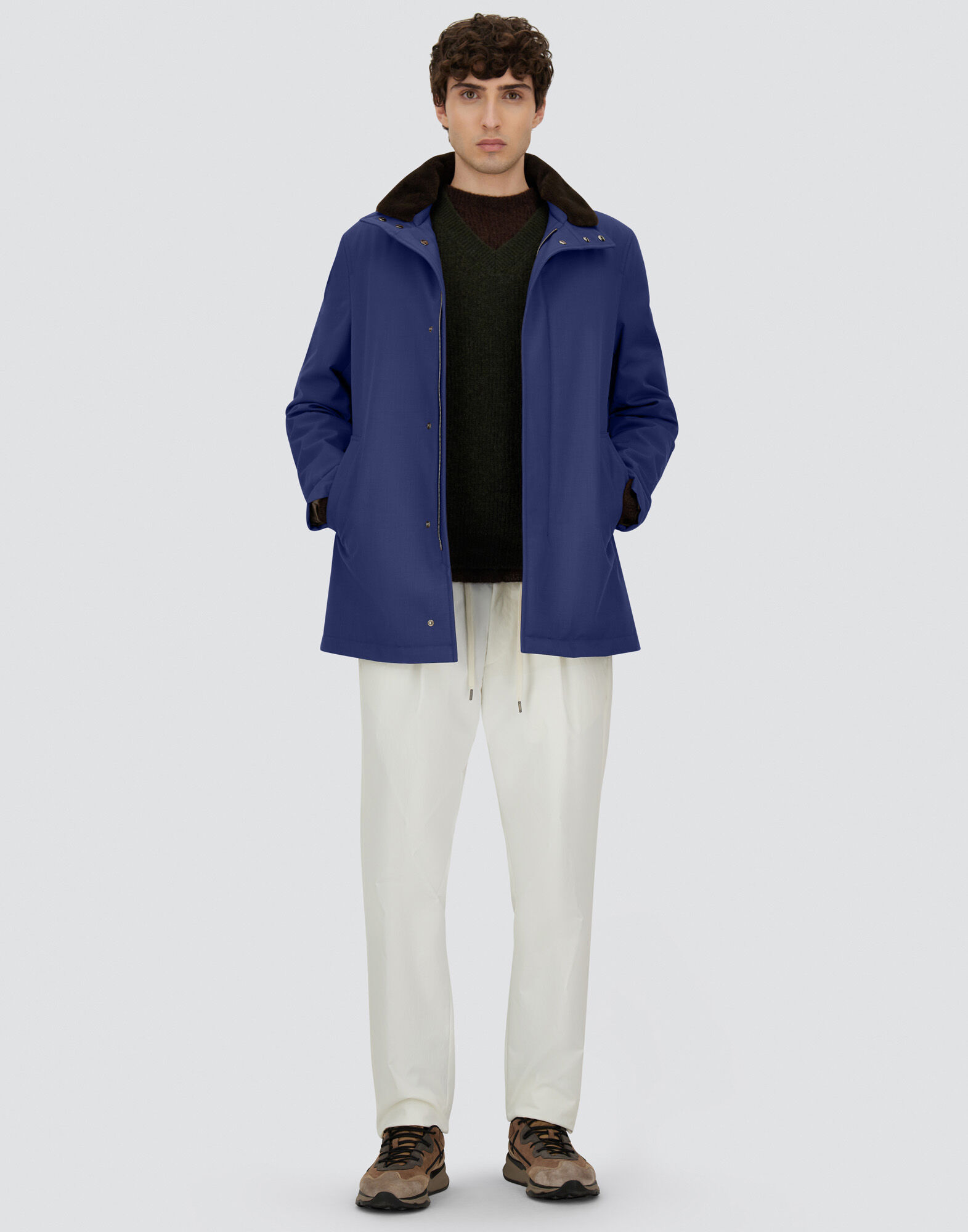 CARCOAT IN WOOLEN MELANGE TWILL AND LIGHT FAUX FUR