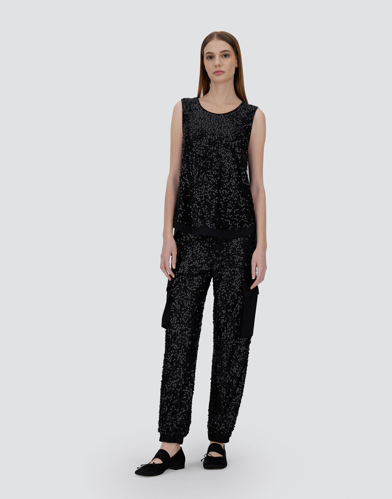 TOP IN SEQUIN MESH AND STRUCTURED NYLON