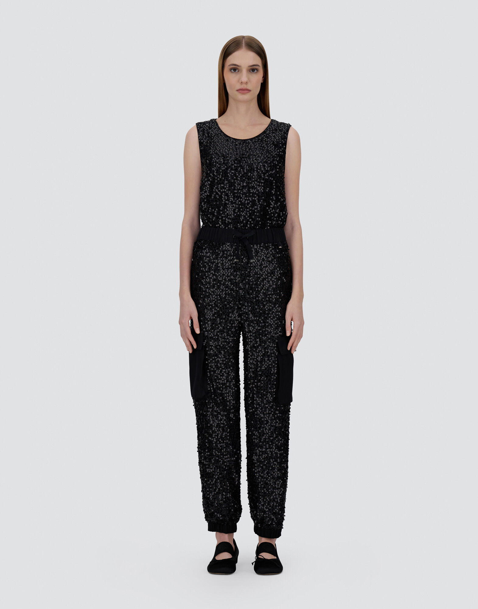 CARGO TROUSERS IN SEQUIN MESH AND STRUCTURED NYLON