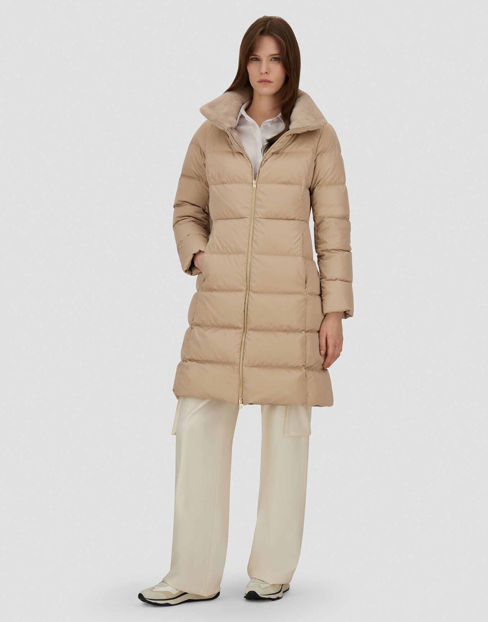 LONG JACKET IN SATIN AND LADY ALTERNATIVE FUR