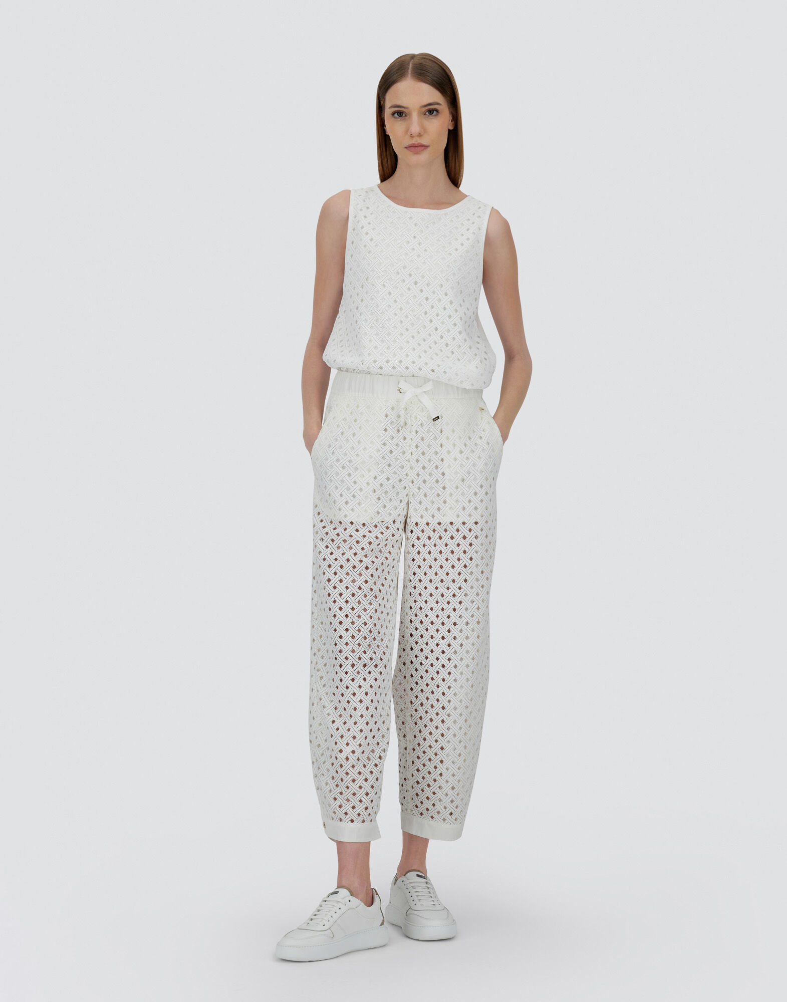 TROUSERS IN CROCHET LACE AND NEW TECHNO TAFFETA