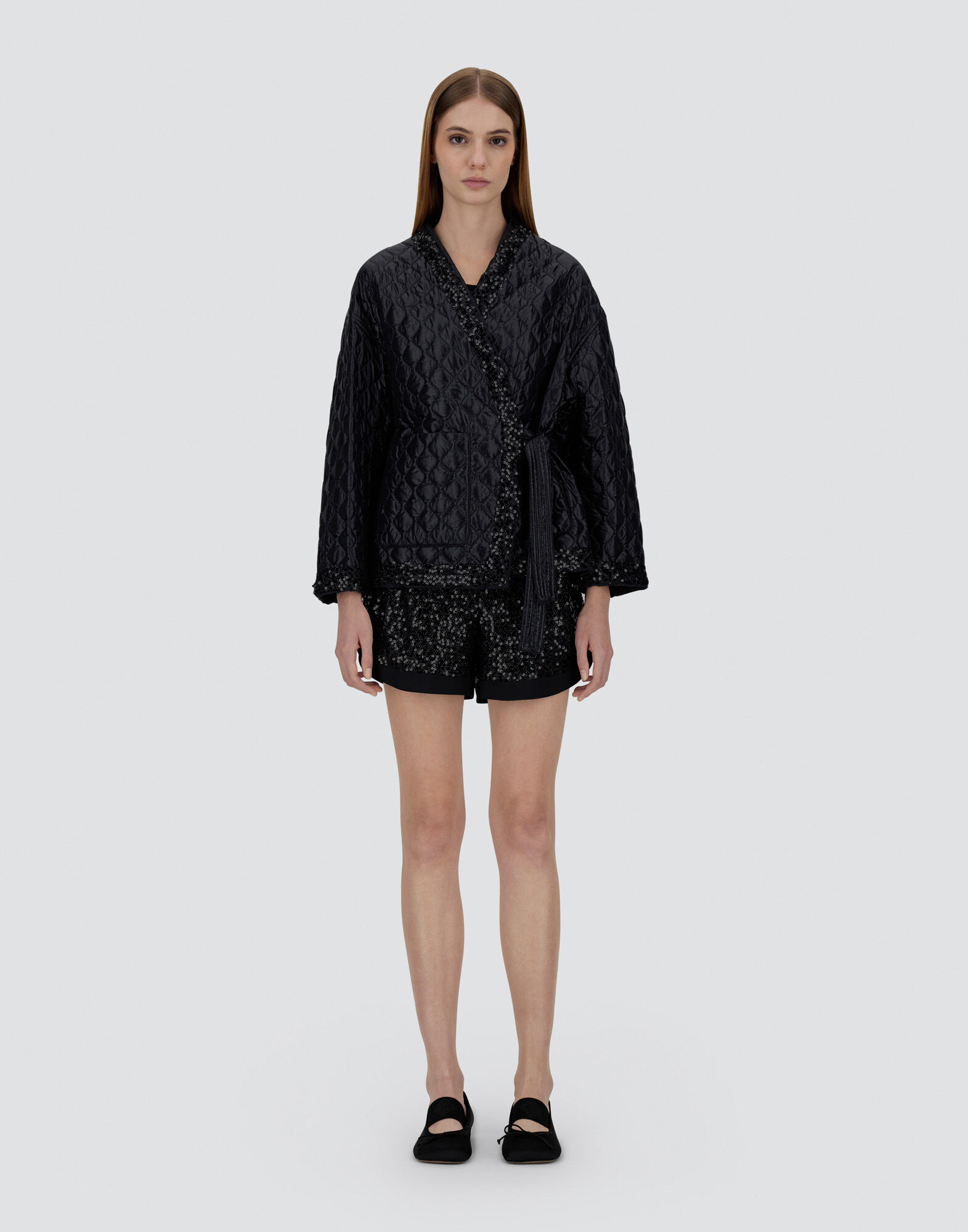 JACKET IN NYLON ULTRALIGHT, MATT NYLON AND SEQUIN MESH