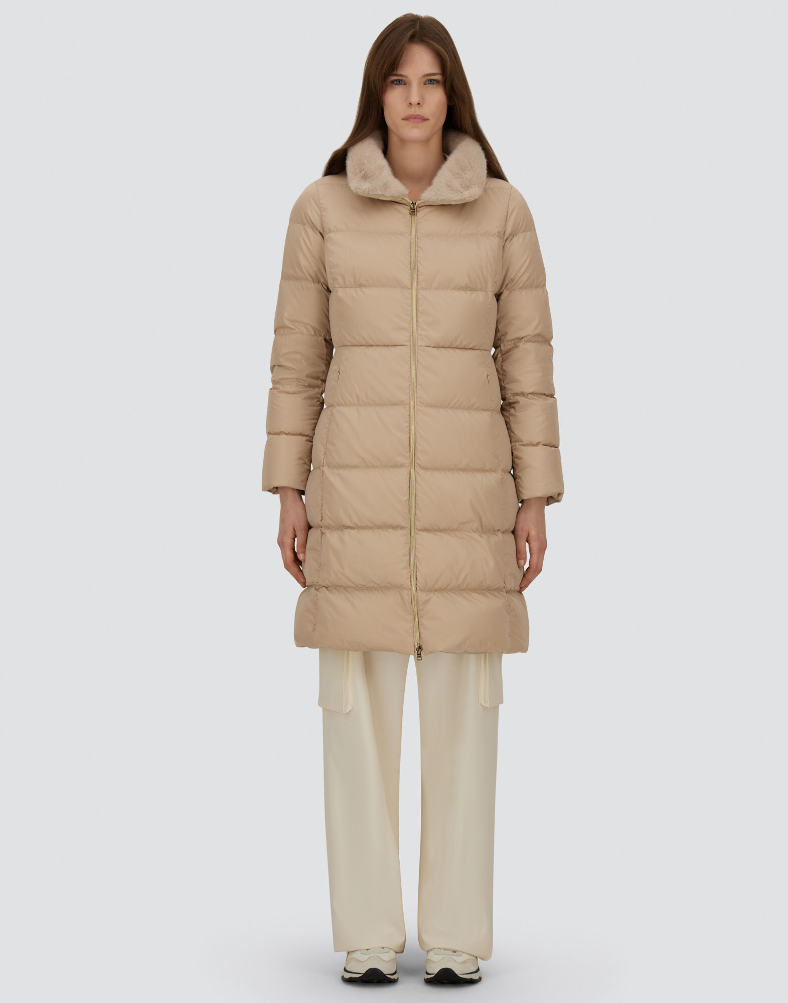 LONG JACKET IN SATIN AND LADY ALTERNATIVE FUR