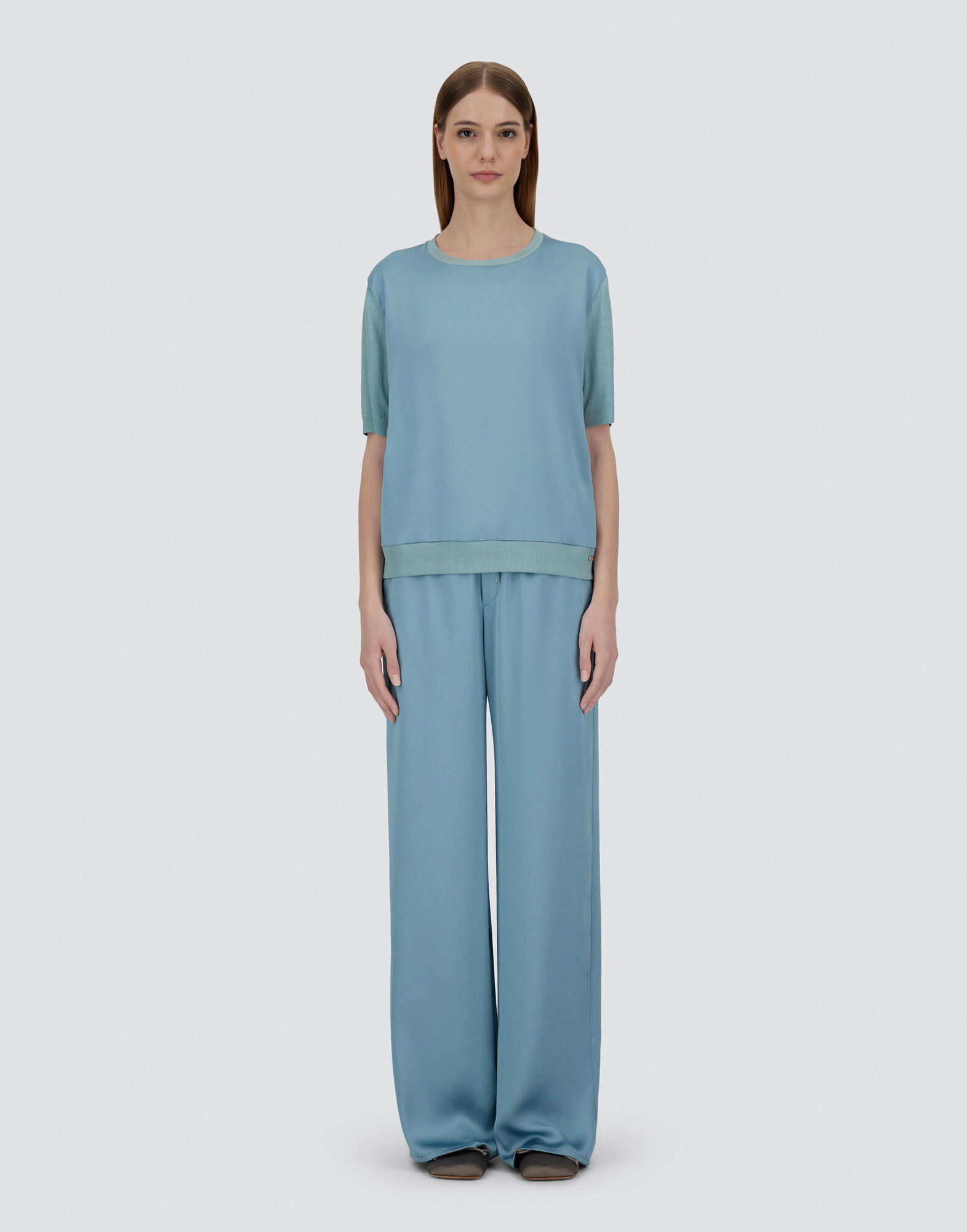 T-SHIRT IN GLAM KNIT EFFECT AND SATIN