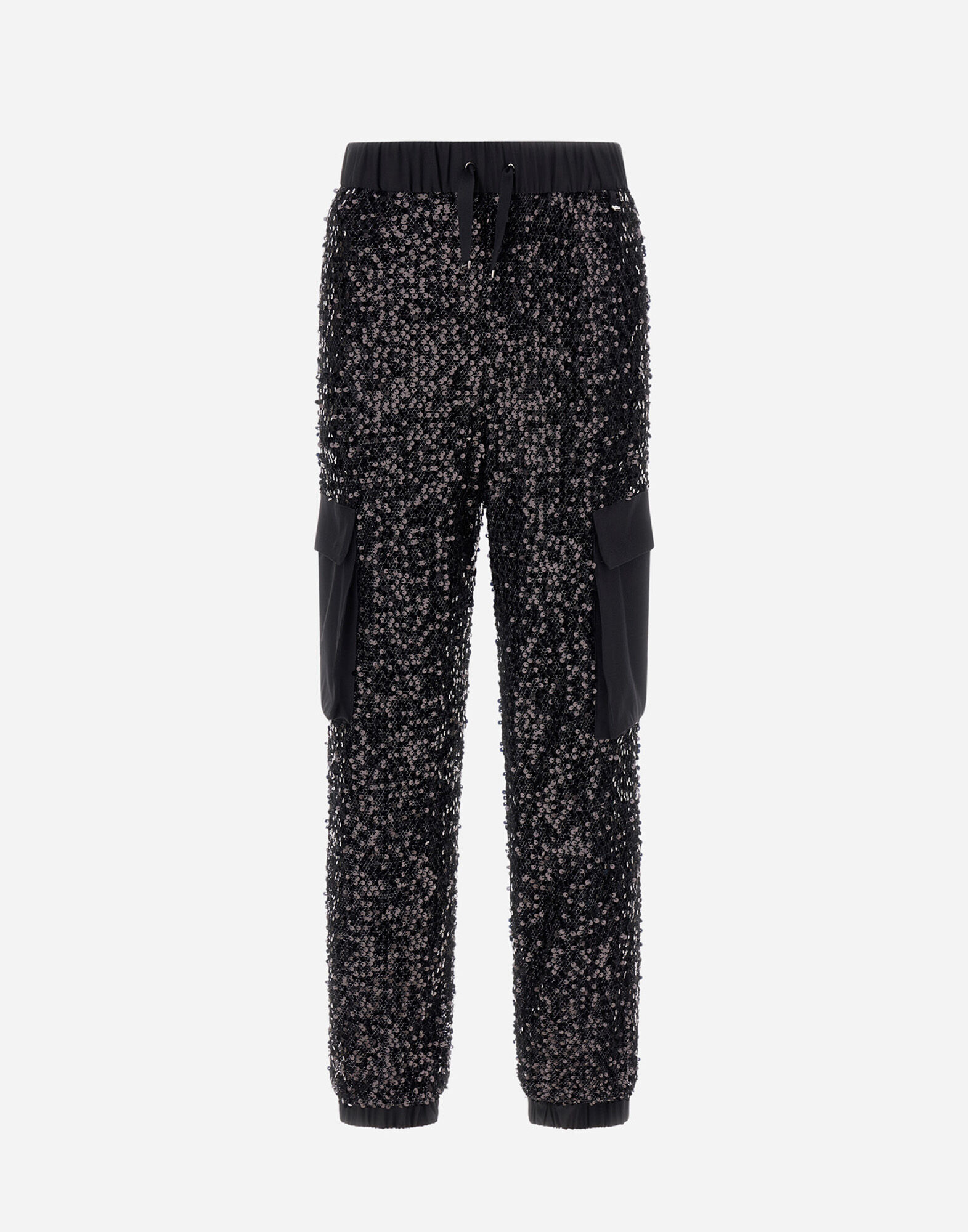 CARGO TROUSERS IN SEQUIN MESH AND STRUCTURED NYLON