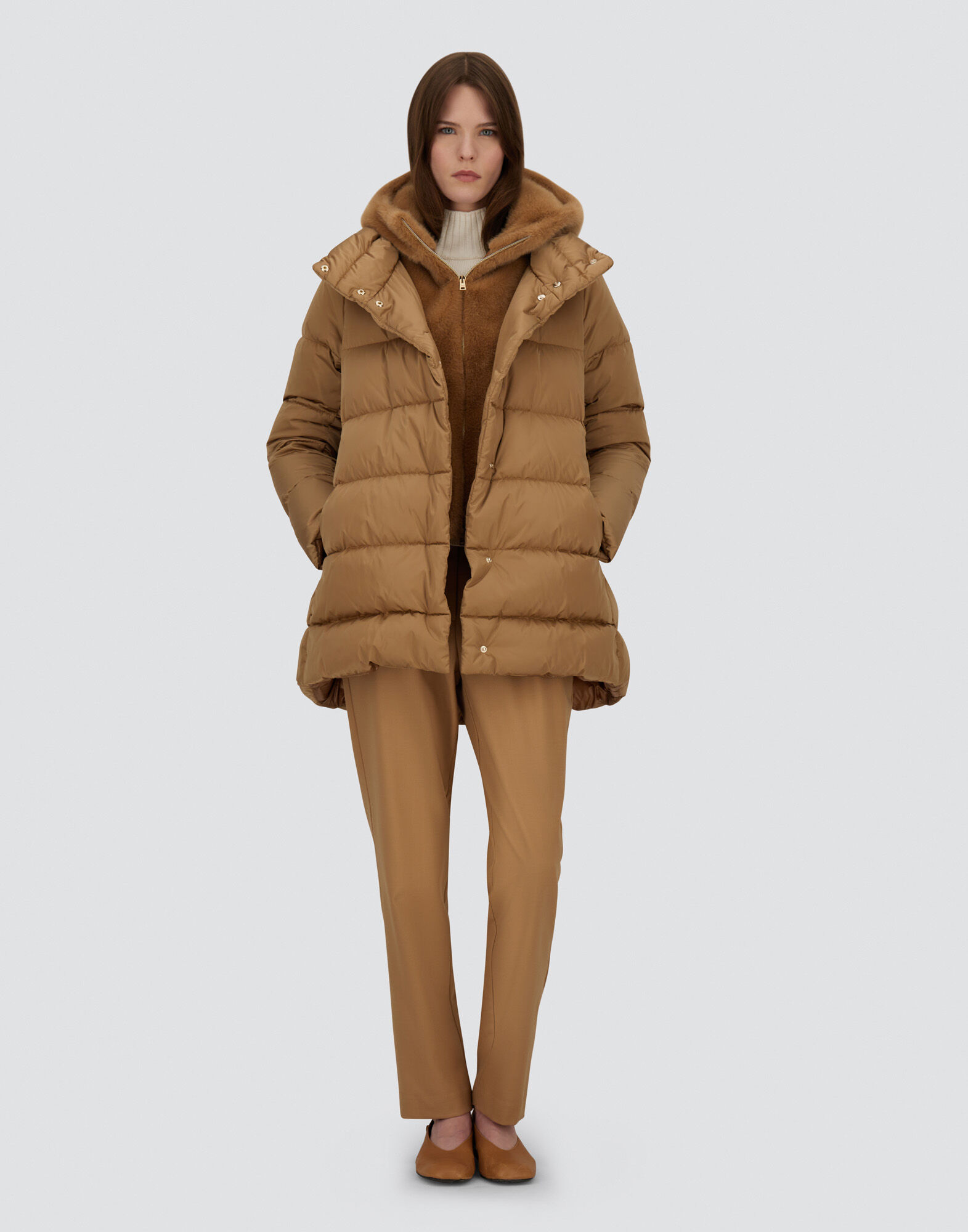 A-SHAPE JACKET IN SATIN AND LADY ALTERNATIVE FUR