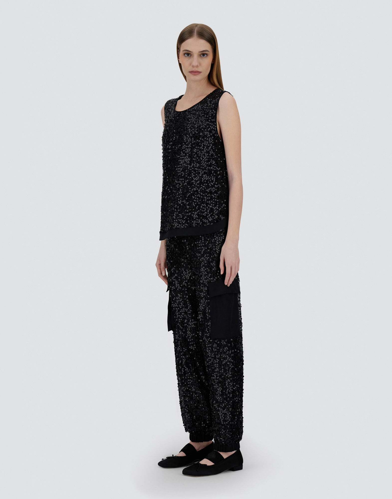 TOP IN SEQUIN MESH AND STRUCTURED NYLON