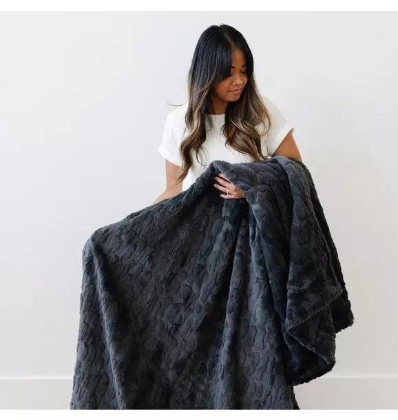 Patterned Faux Fur Throw Blanket in Charcoal