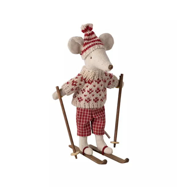 Winter mouse with ski set, Mum - Red