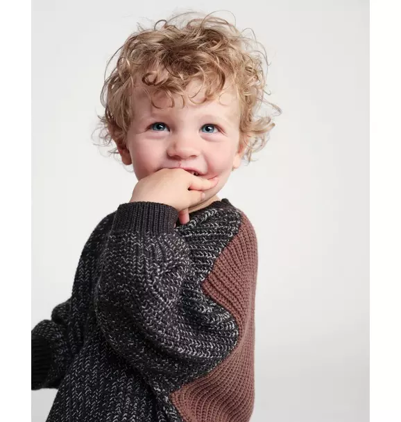 Long Sleeve Sweater Chunky - Black Melange/Brown