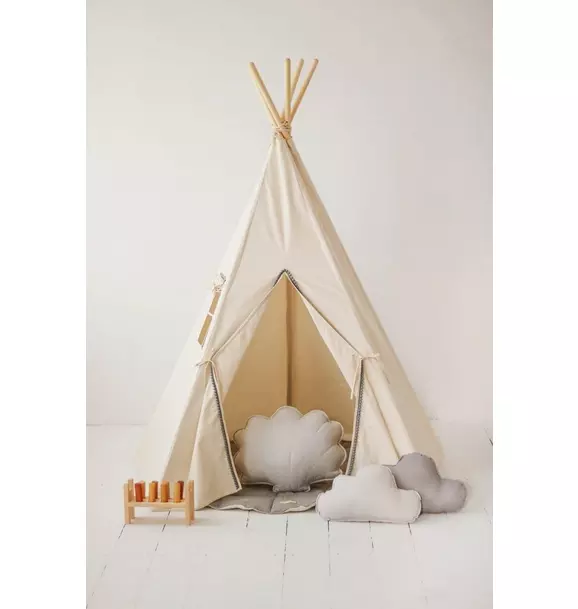 “Grey Pompoms” Teepee with Pompoms and Round Mat Set